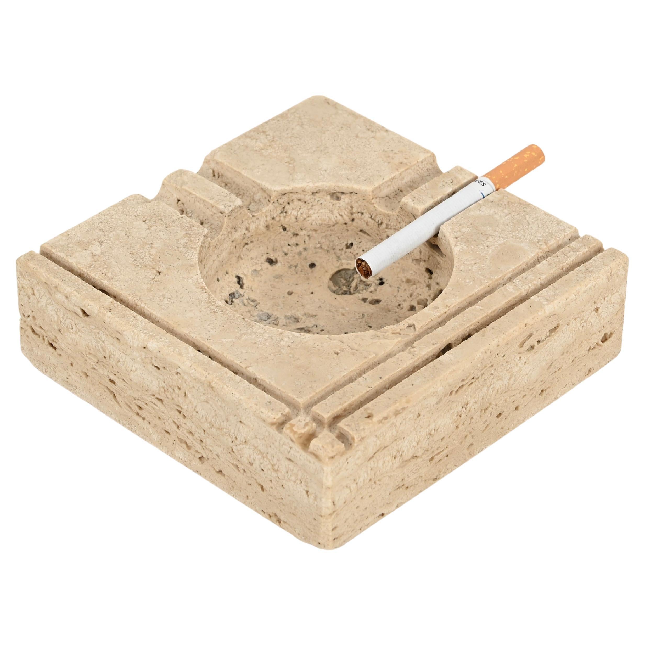 Midcentury Square Travertine Marble Italian Ashtray signed Mannelli, 1970s