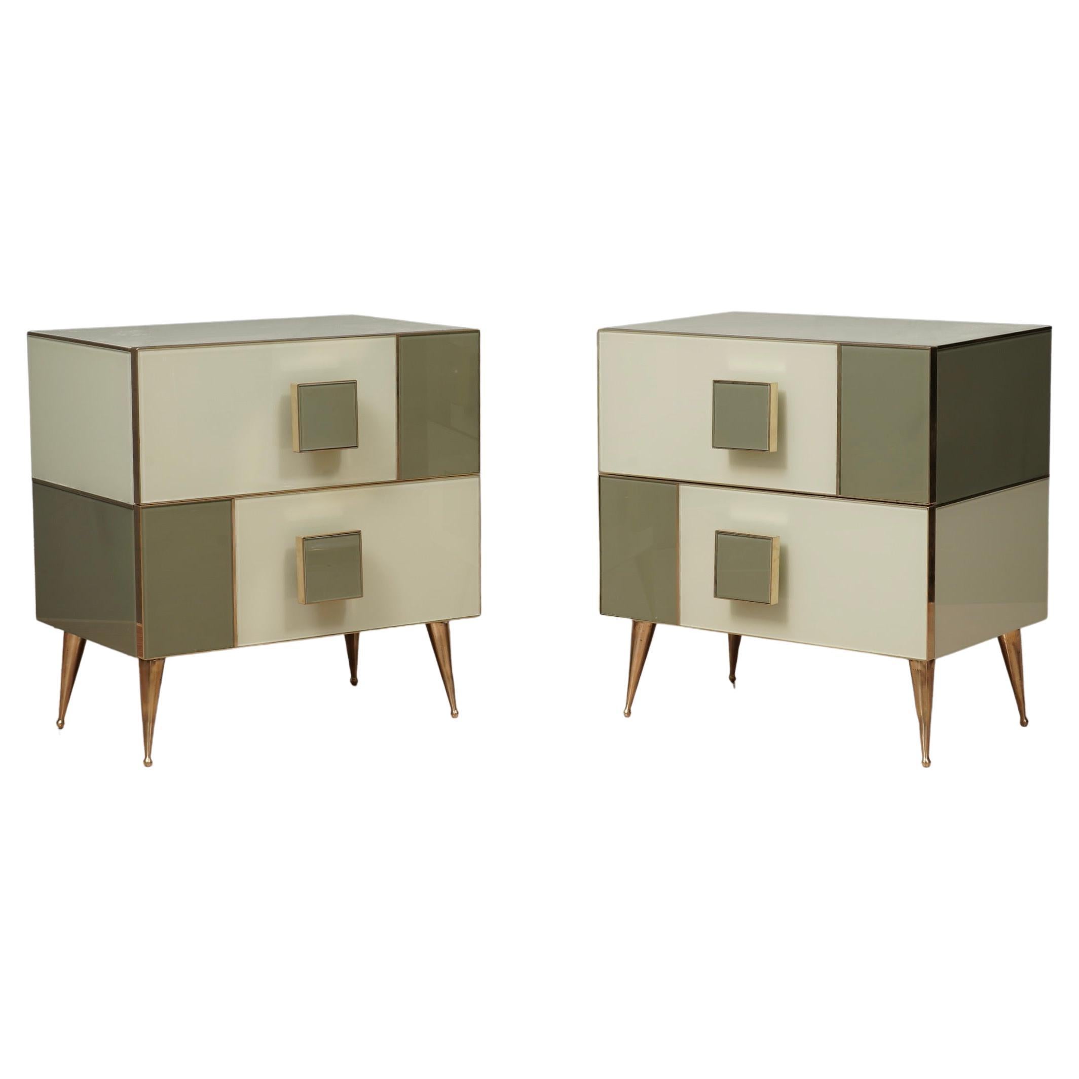 Square White and Dove-Gray Color Glass and Brass Night Stand, 2020 For Sale