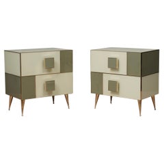 MidCentury Square White and Dove-Gray Color Glass and Brass Night Stand, 2020
