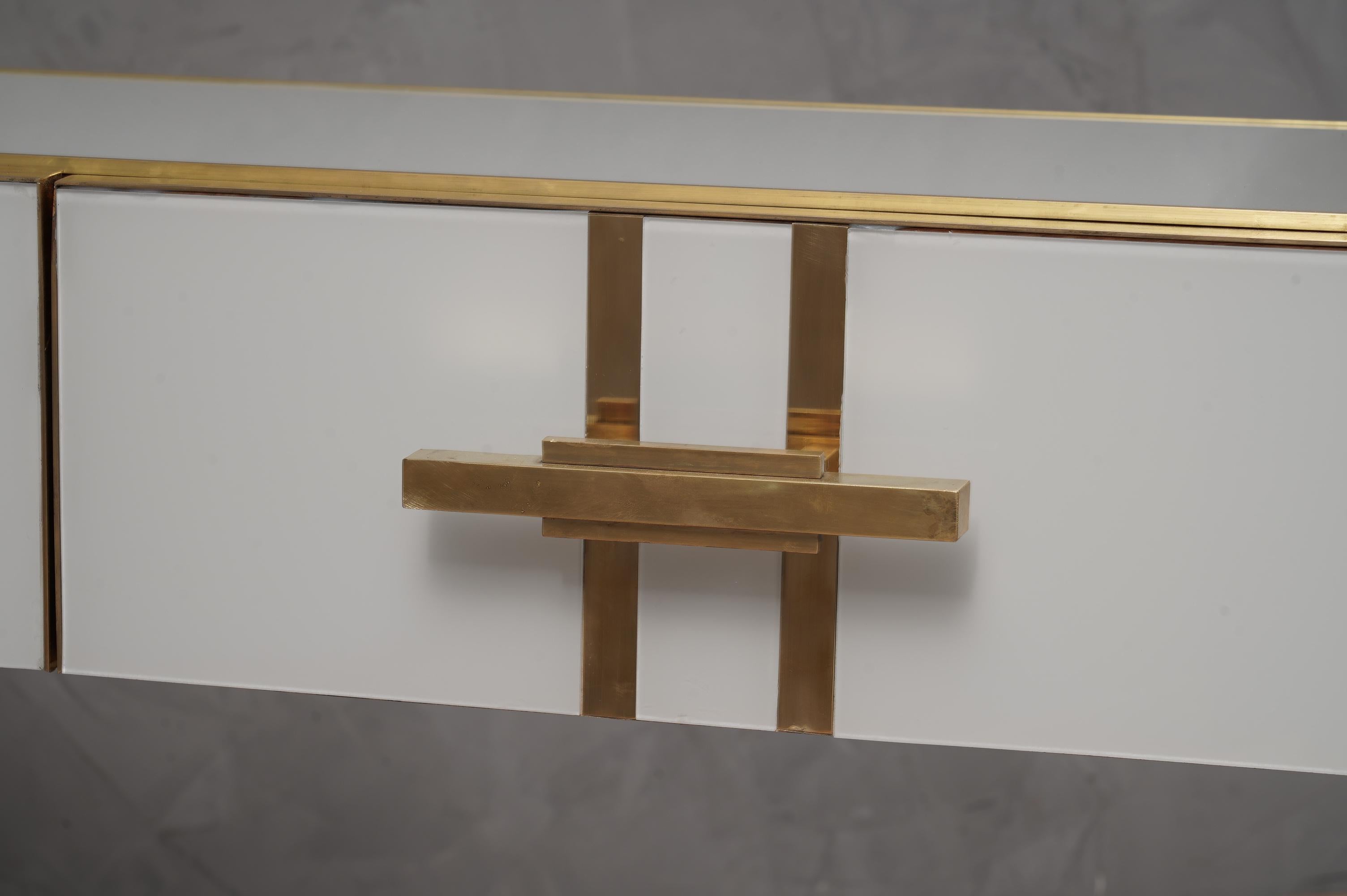 MidCentury Square White Color Glass and Brass Console Table, 1980 4
