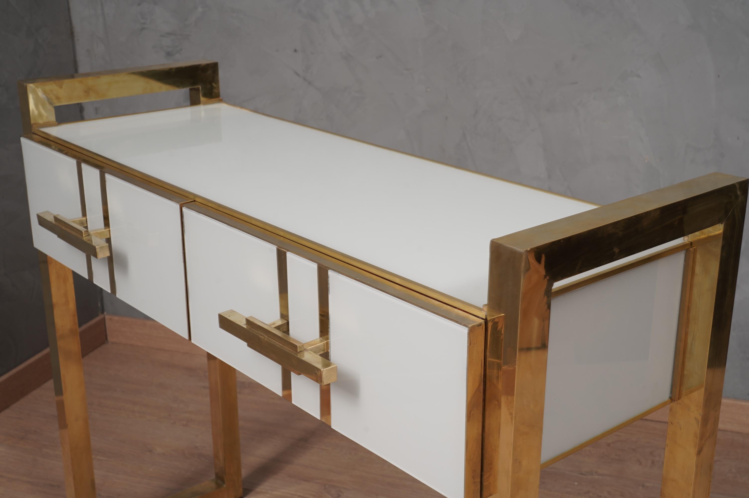 MidCentury Square White Color Glass and Brass Console Table, 1980 5
