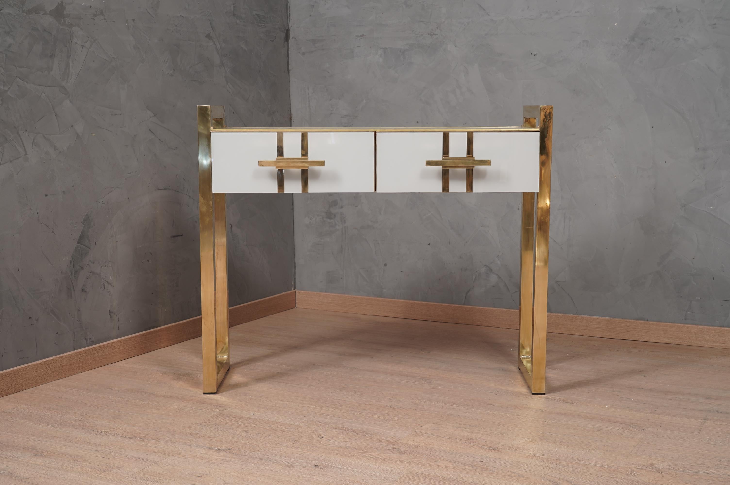 Italian MidCentury Square White Color Glass and Brass Console Table, 1980