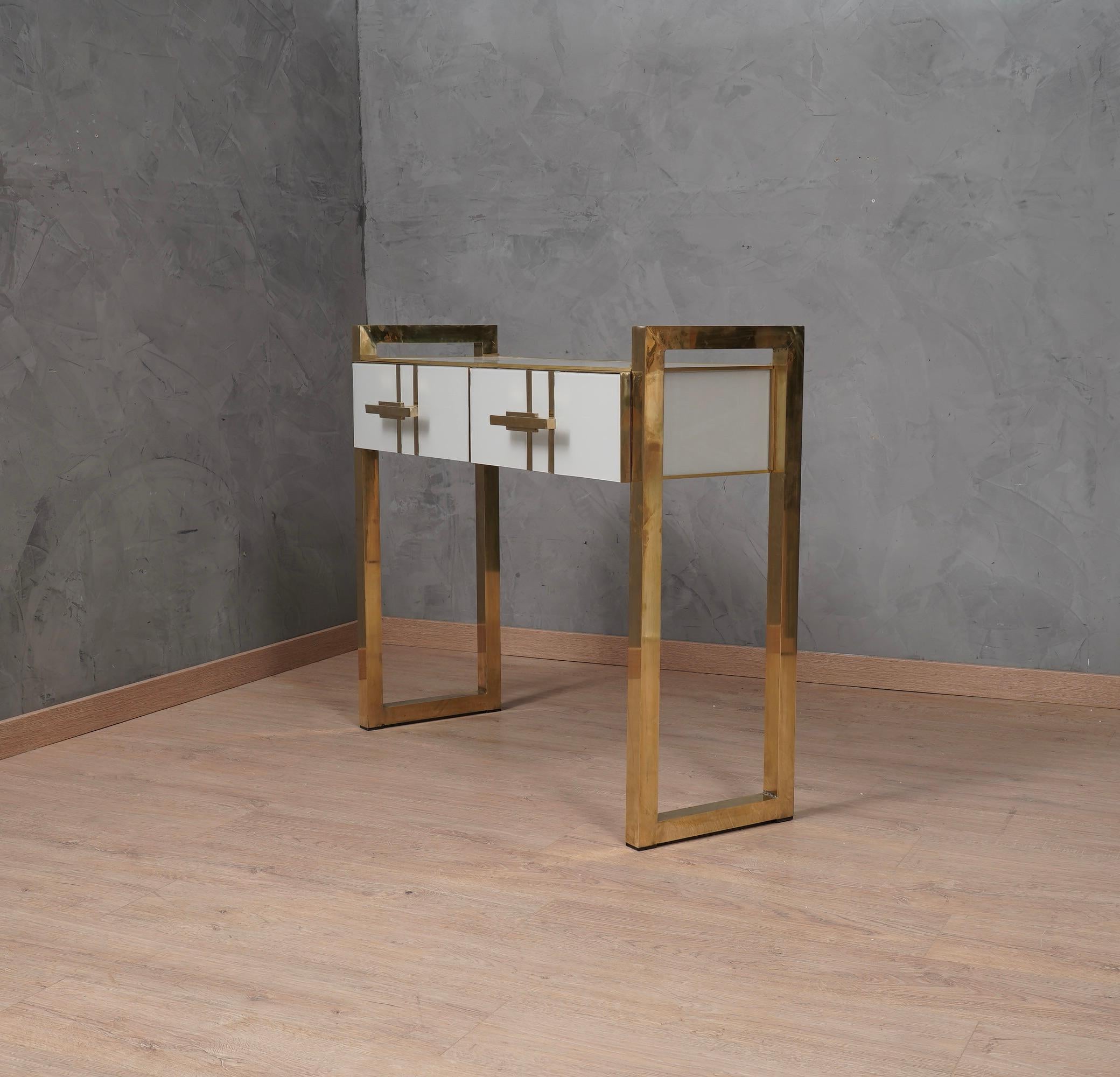 Late 20th Century MidCentury Square White Color Glass and Brass Console Table, 1980