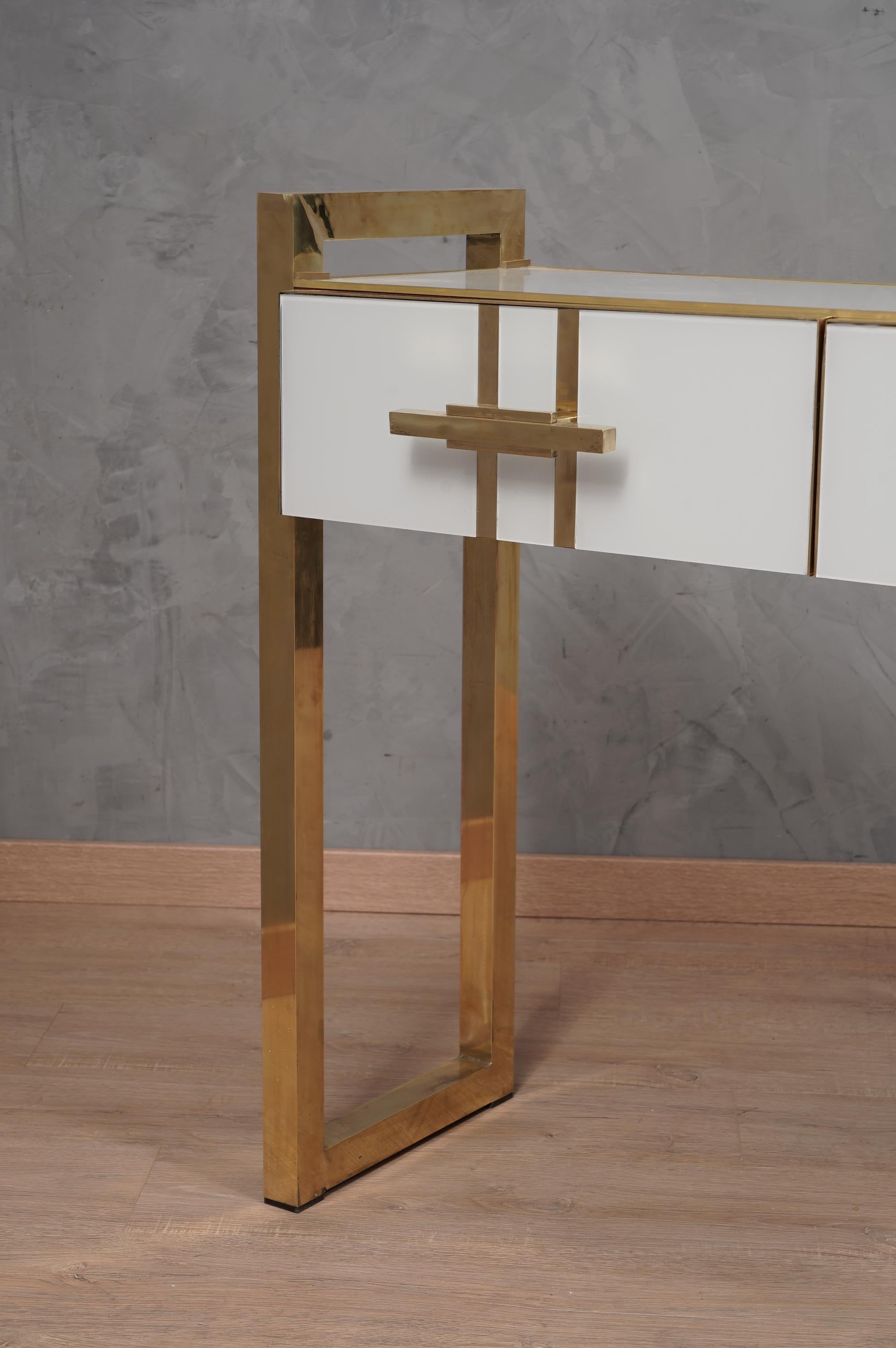 MidCentury Square White Color Glass and Brass Console Table, 1980 1