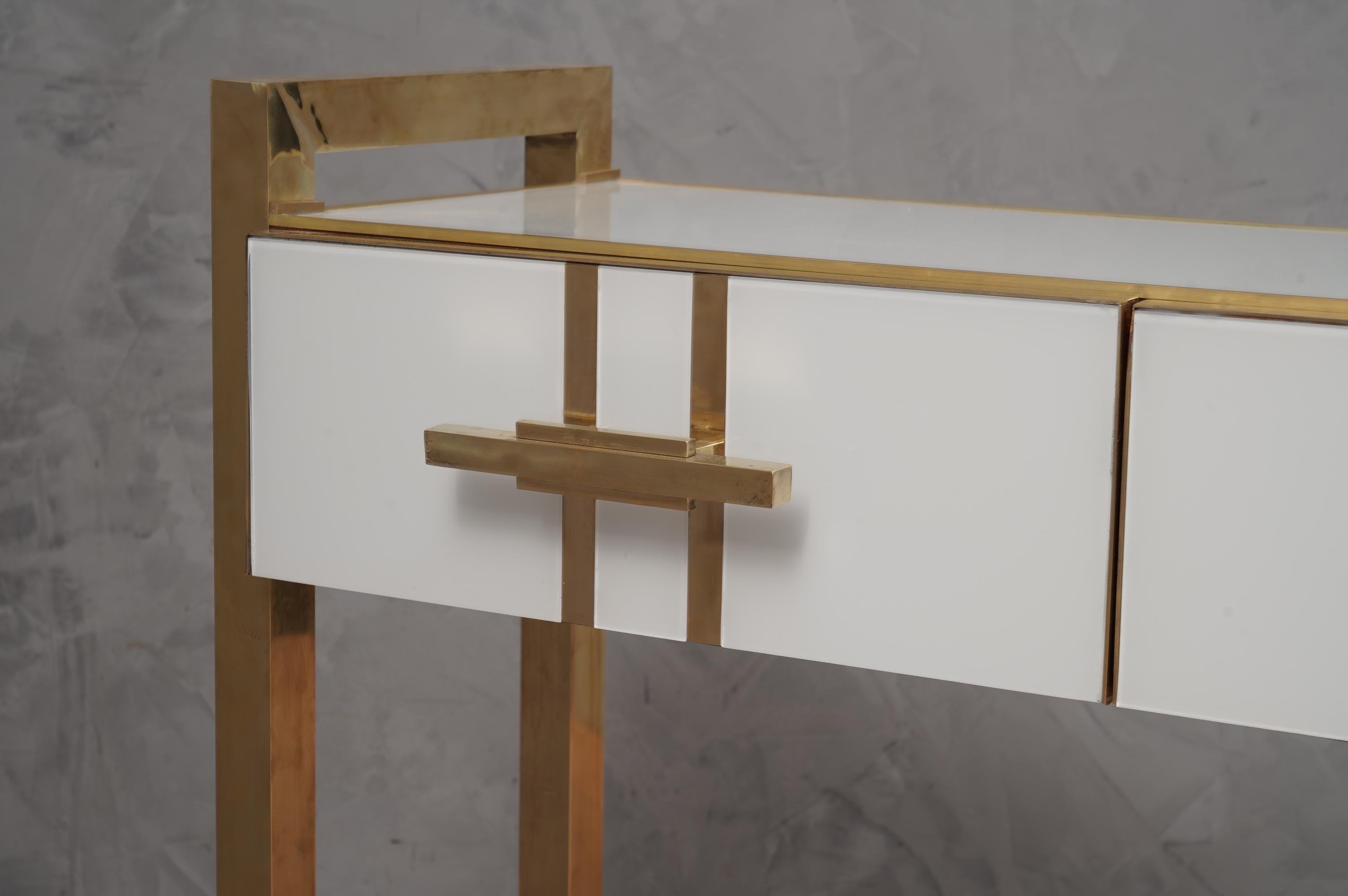 MidCentury Square White Color Glass and Brass Console Table, 1980 2