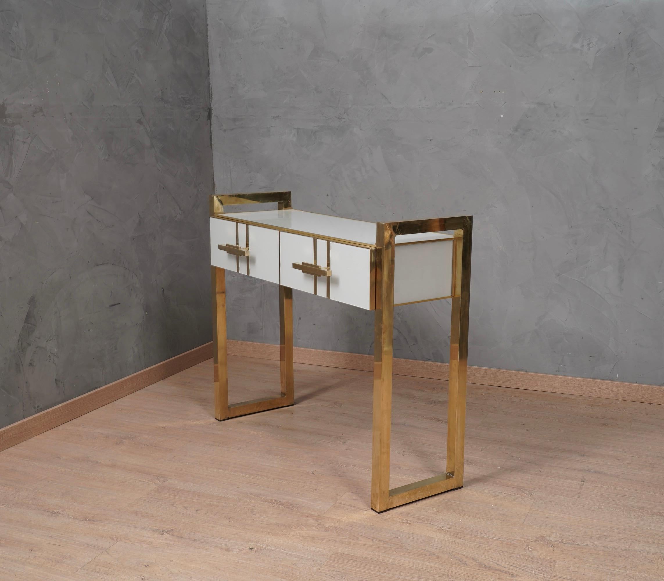 MidCentury Square White Color Glass and Brass Console Table, 1980 3