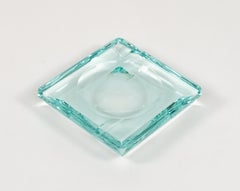 Midcentury Squared Ashtray Green Crystal Glass Fontana Arte Style, Italy 1970s