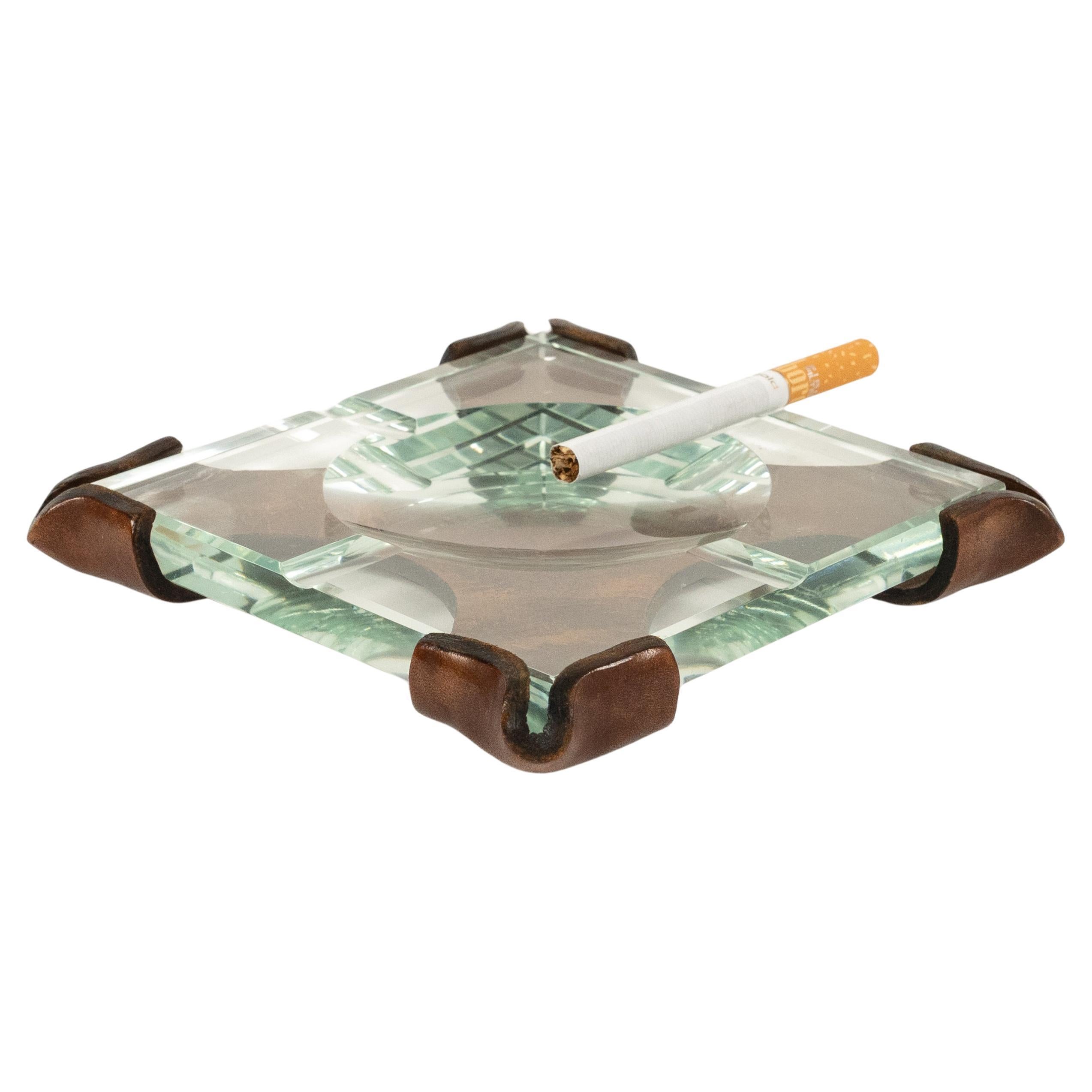 Midcentury Squared Ashtray in Leather and Glass by CAP, Italy 1970s For Sale 6