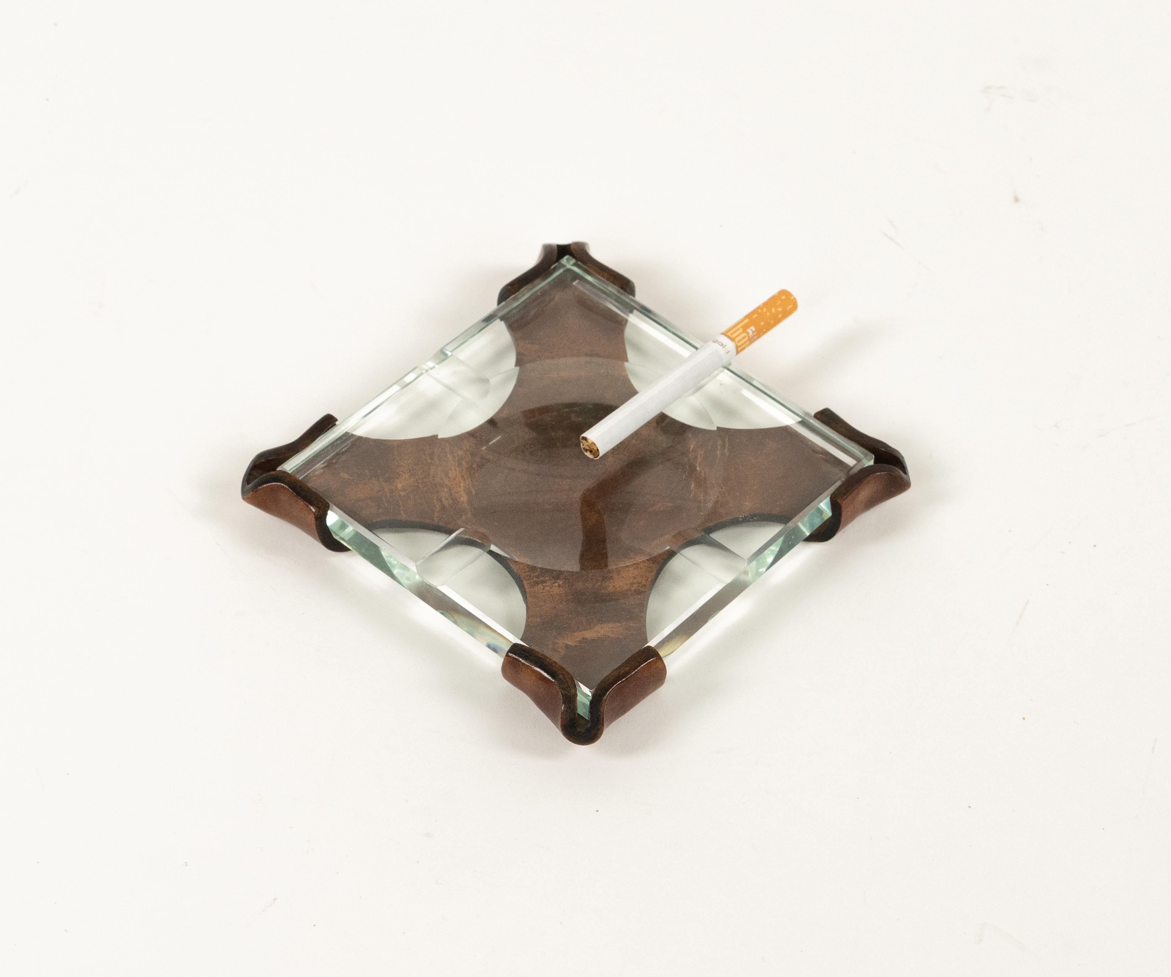 Mid-Century Modern Midcentury Squared Ashtray in Leather and Glass by CAP, Italy 1970s For Sale