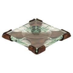 Cenicero cuadrado de cuero y cristal de mediados de siglo by CAP, Italia Años 70