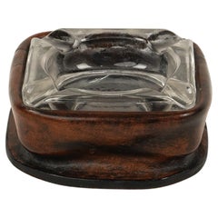 Midcentury Squared Ashtray in Leather and Glass Jacques Adnet Style, Italy 1970s