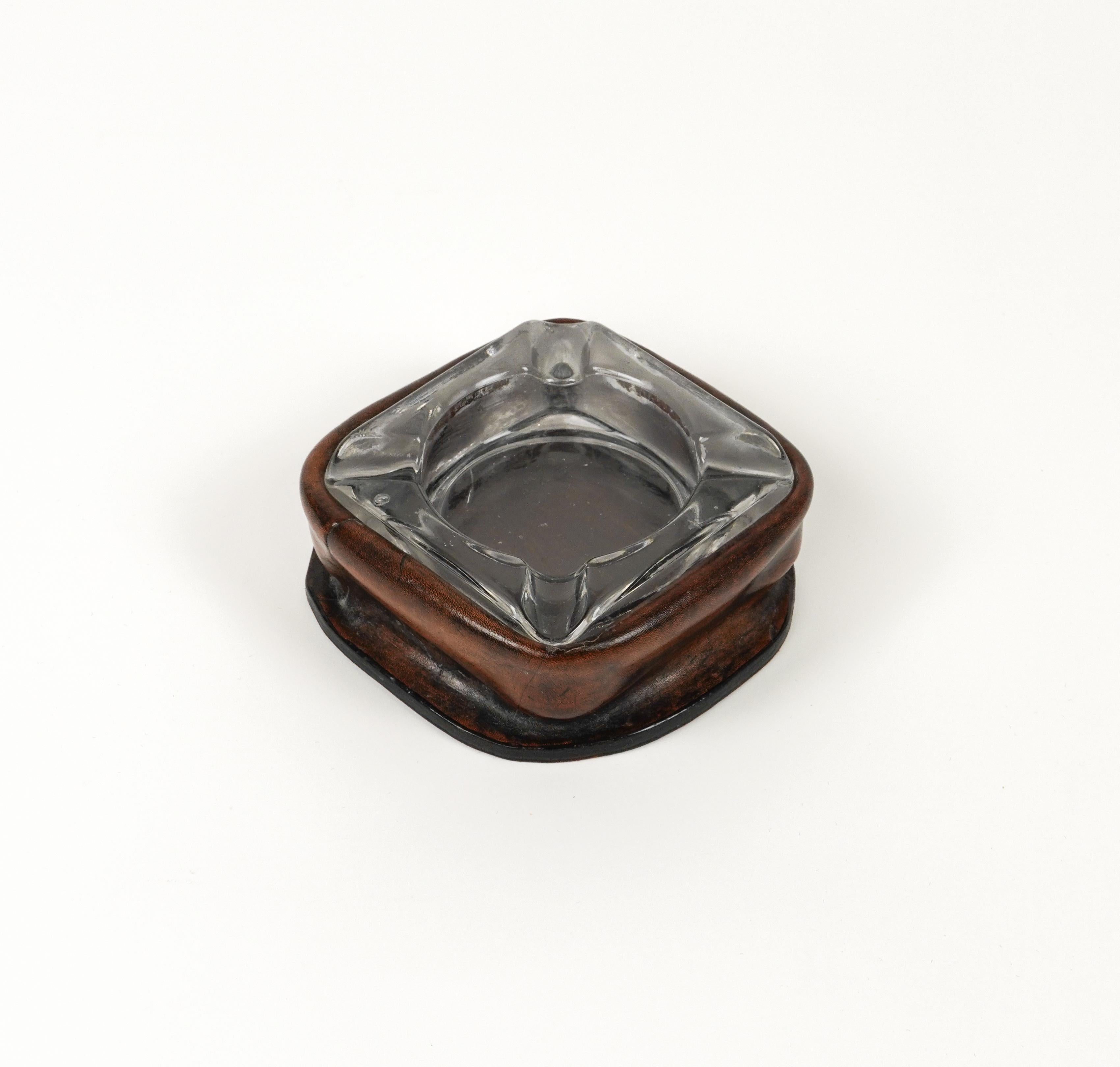 Mid-Century Modern Midcentury Squared Ashtray in Leather and Glass Jacques Adnet Style, Italy 1970s For Sale