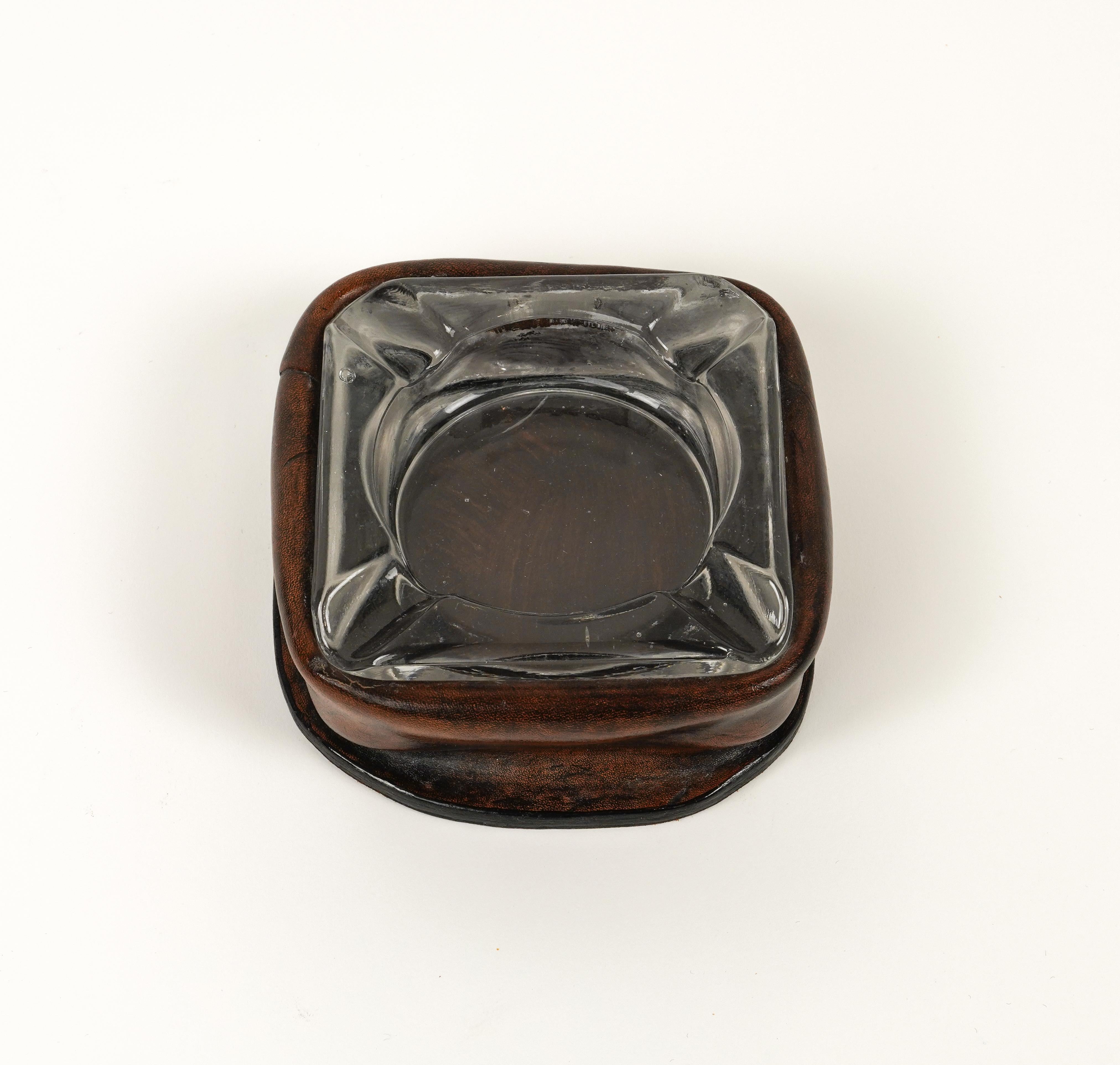 Mid-20th Century Midcentury Squared Ashtray in Leather and Glass Jacques Adnet Style, Italy 1970s For Sale