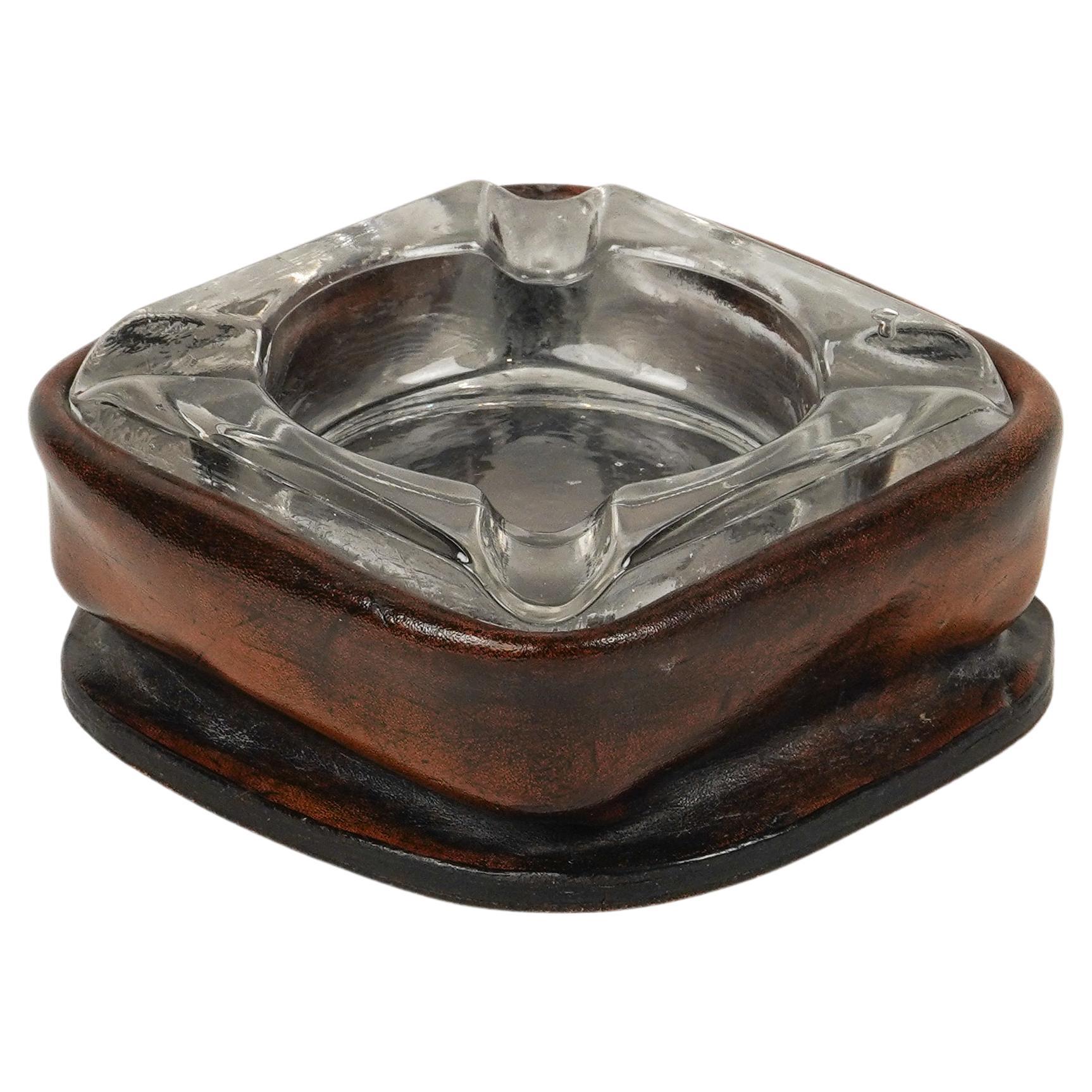 Midcentury Squared Ashtray in Leather and Glass Jacques Adnet Style, Italy 1970s For Sale