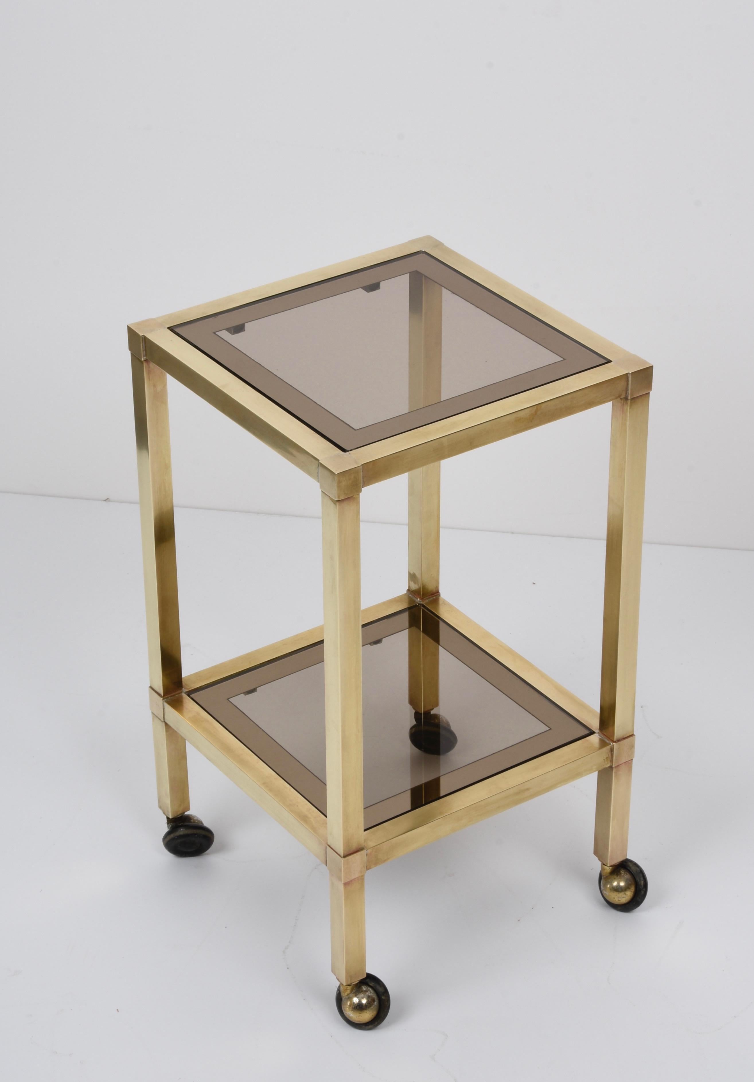 Midcentury Squared Coffee Table Brass and Bronzed Smoked Glass Mirror, 1970s For Sale 3