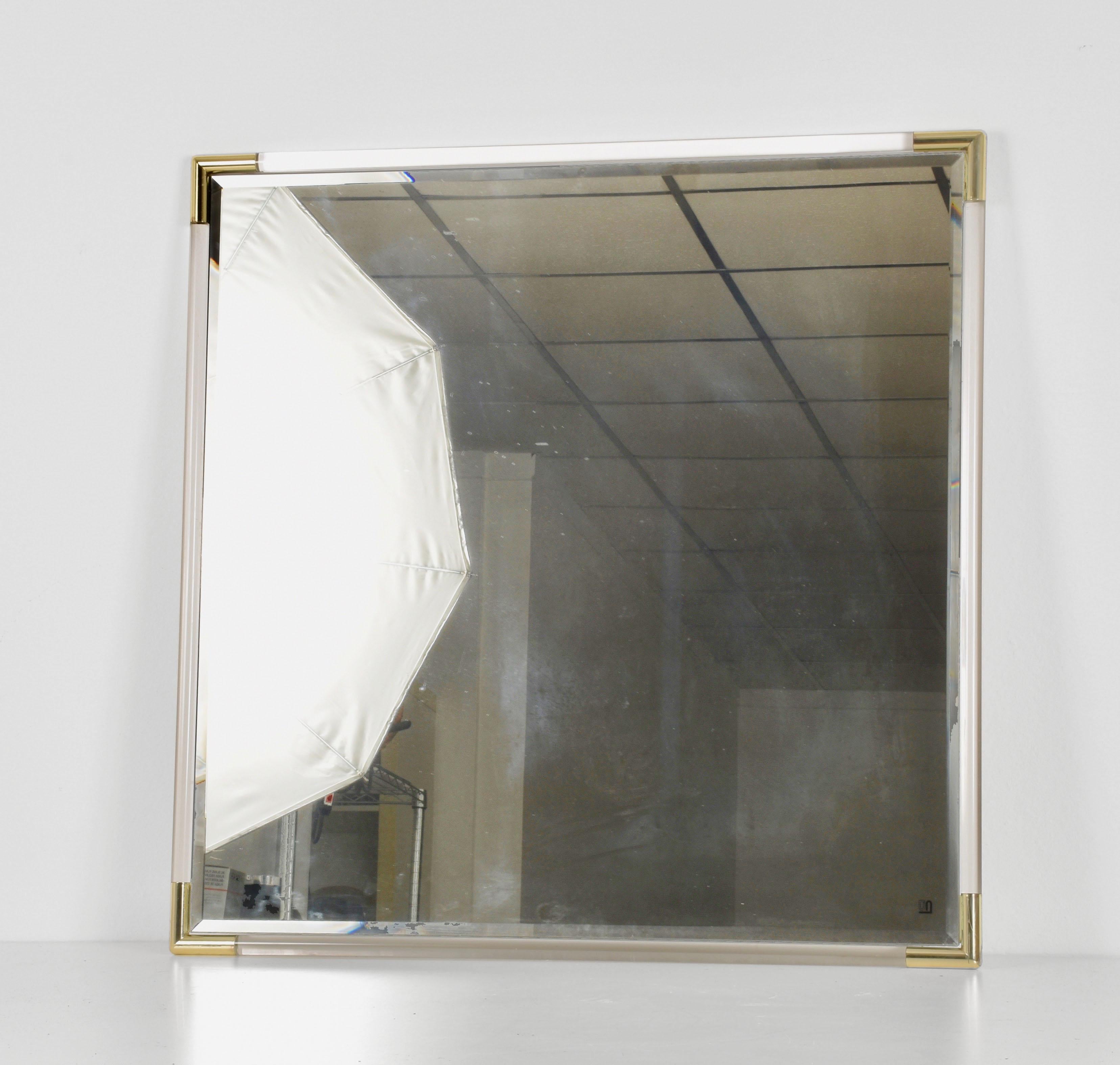 Modern Midcentury Squared Lucite Frame with Golden Corners Italian Wall Mirror, 1970s