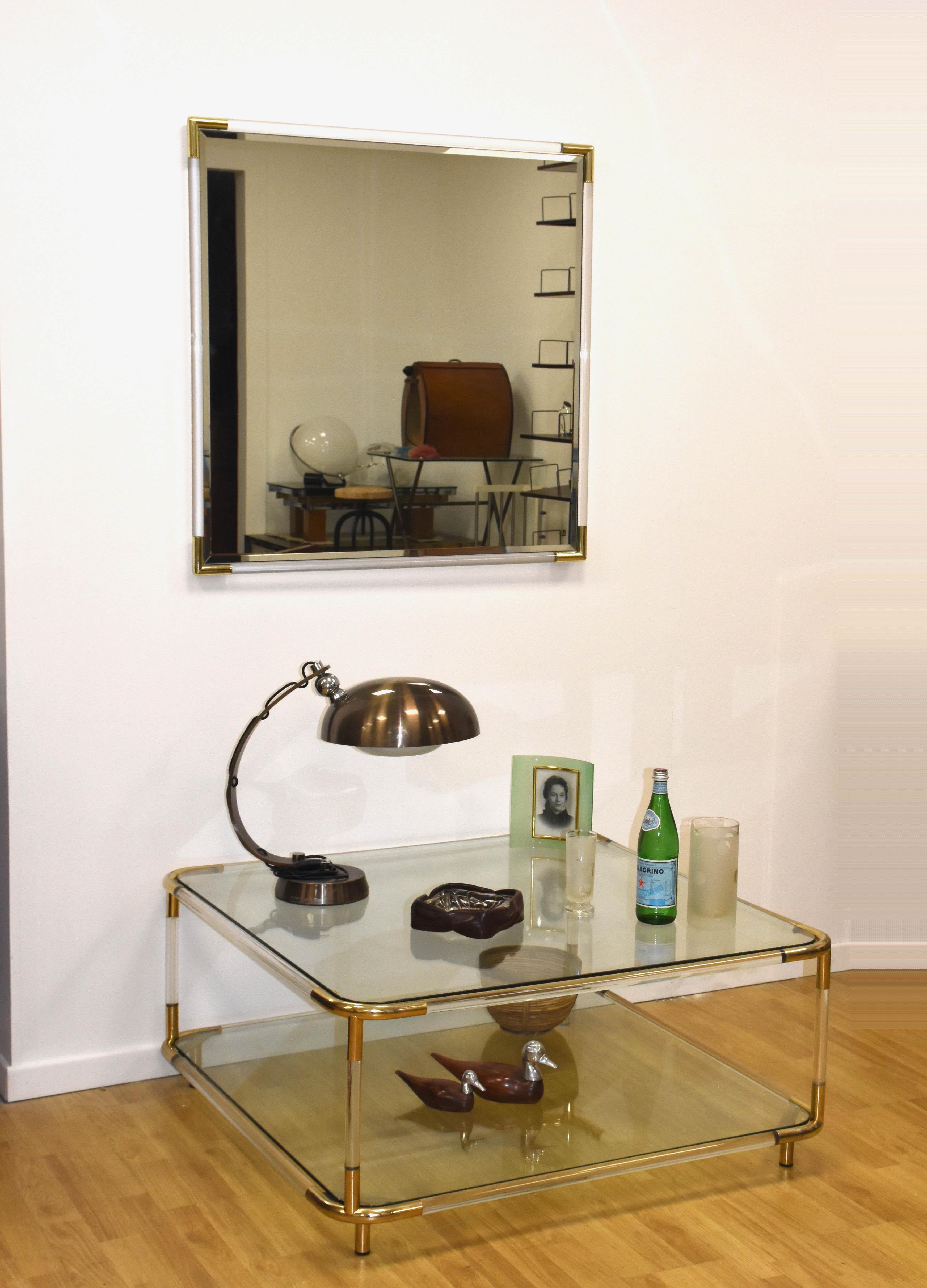 Late 20th Century Midcentury Squared Lucite Frame with Golden Corners Italian Wall Mirror, 1970s