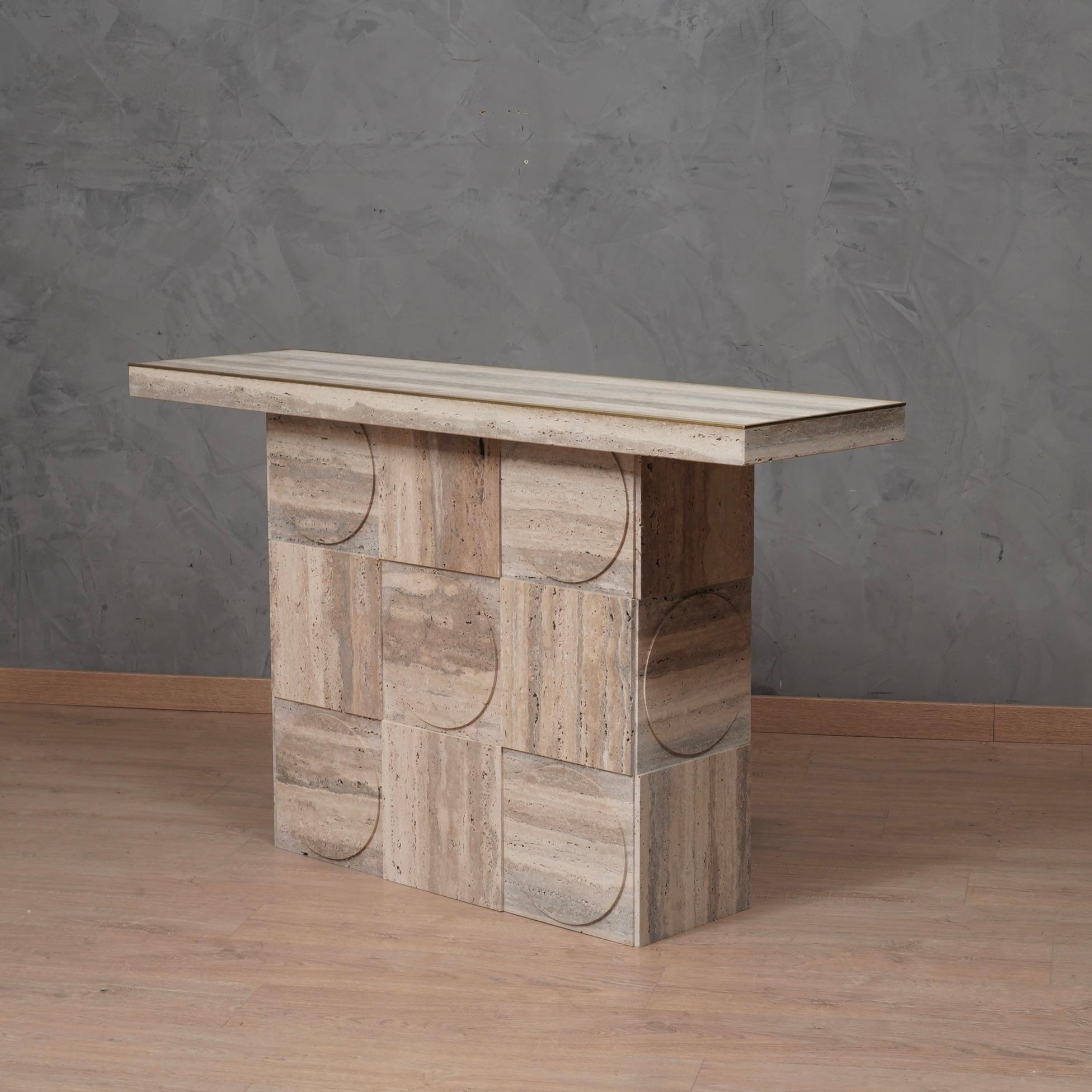 Mid-Century Modern MidCentury Squared Travertine and Brass Center Console Table, 2000