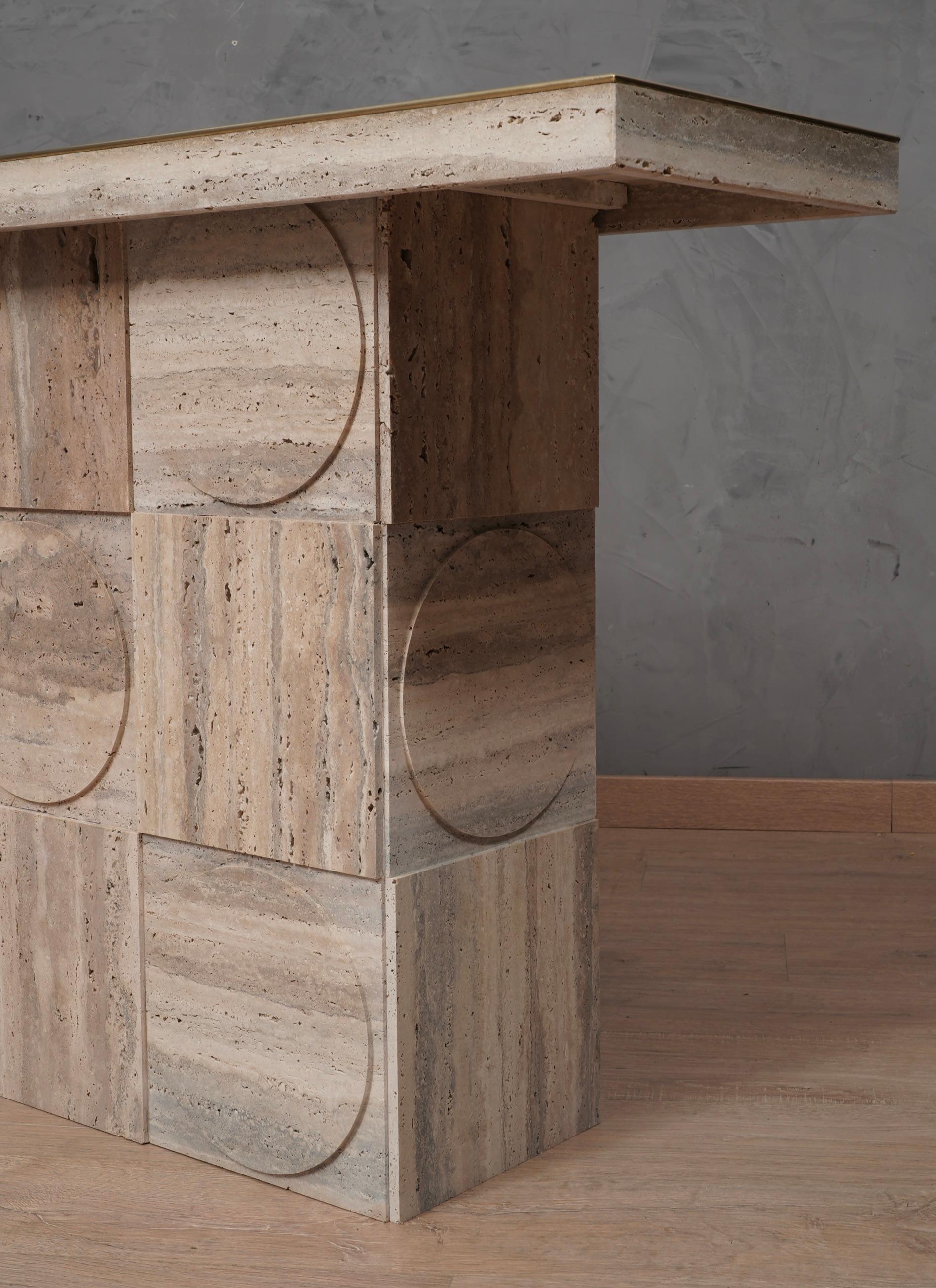 Italian MidCentury Squared Travertine and Brass Center Console Table, 2000