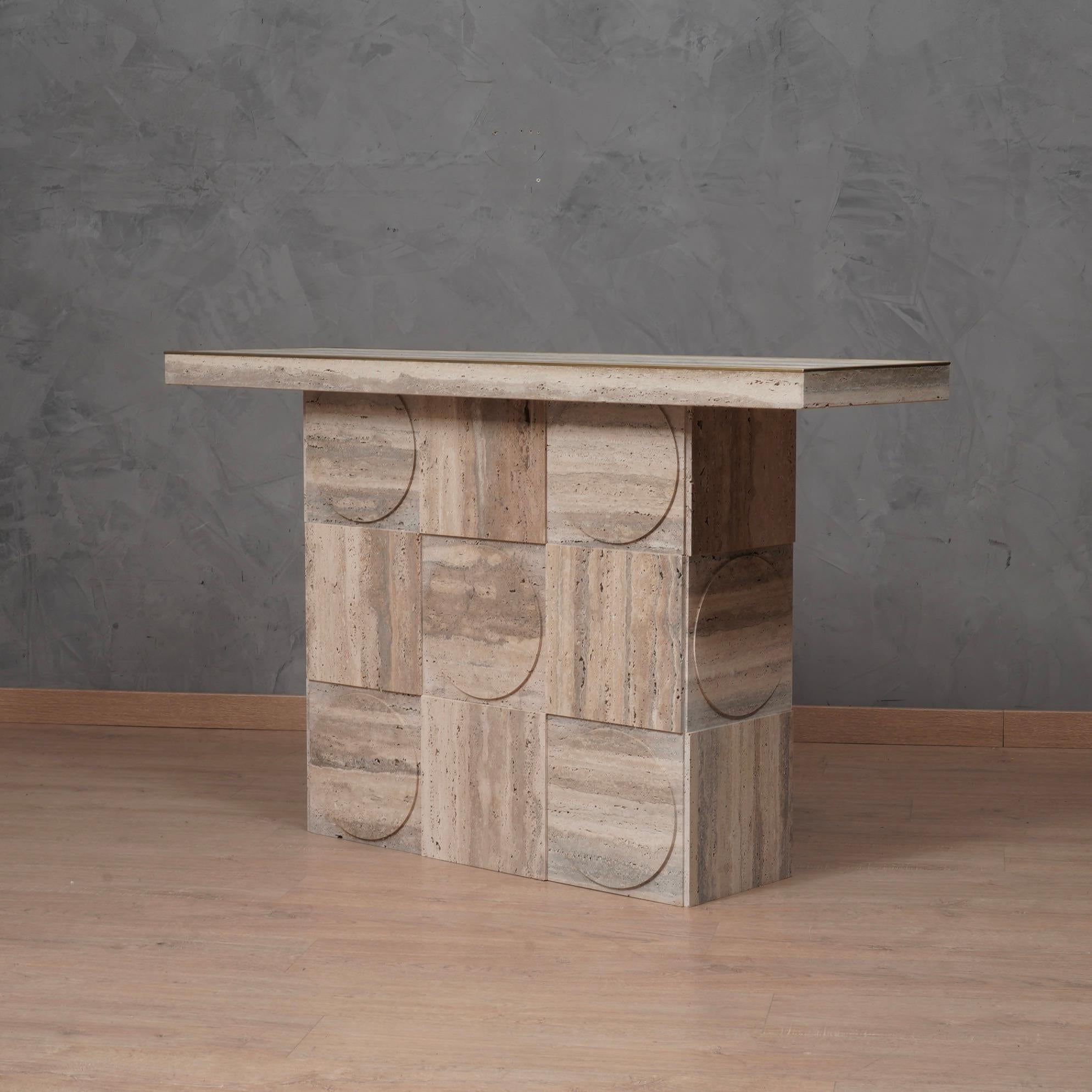 Contemporary MidCentury Squared Travertine and Brass Center Console Table, 2000