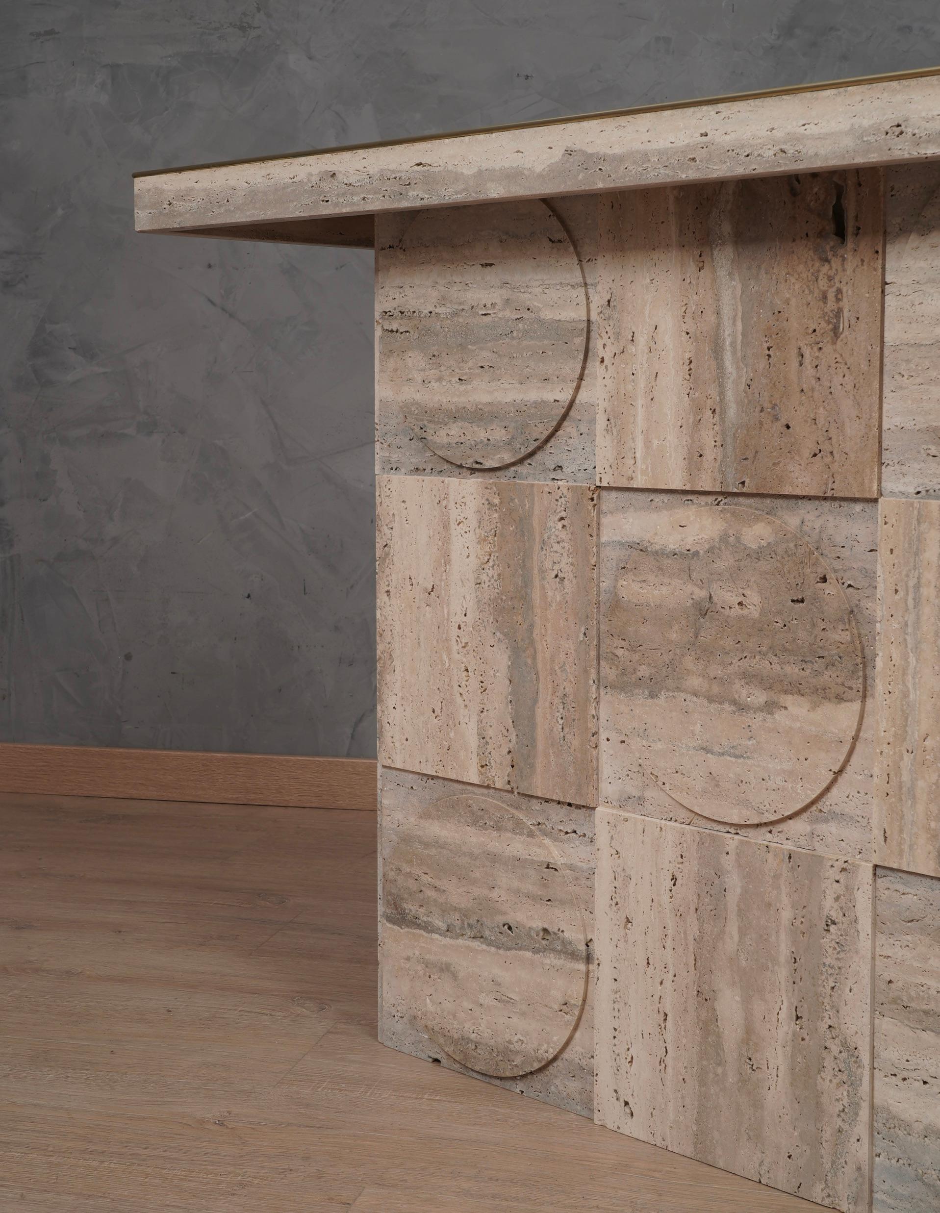 MidCentury Squared Travertine and Brass Center Console Table, 2000 1