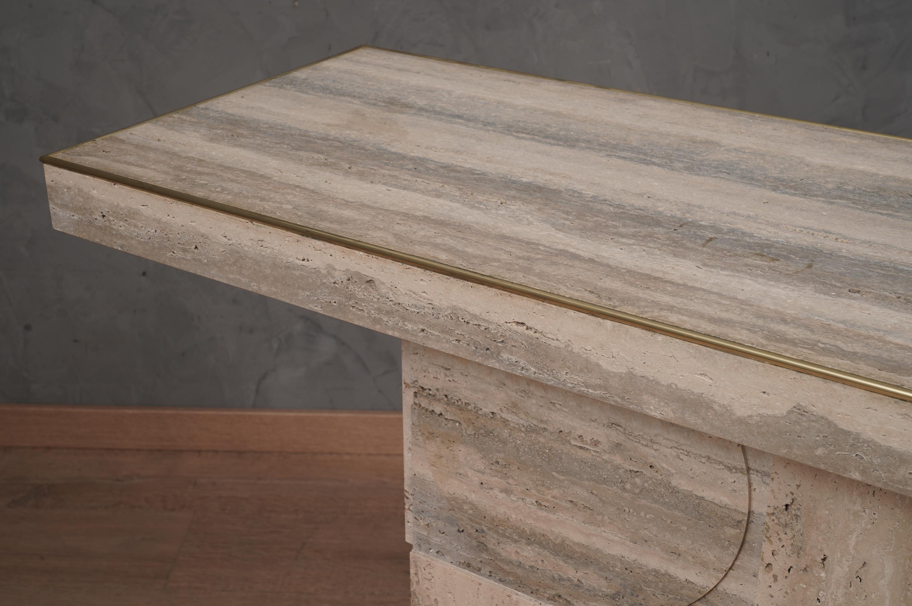 MidCentury Squared Travertine and Brass Center Console Table, 2000 2