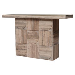 MidCentury Squared Travertine and Brass Center Console Table, 2000