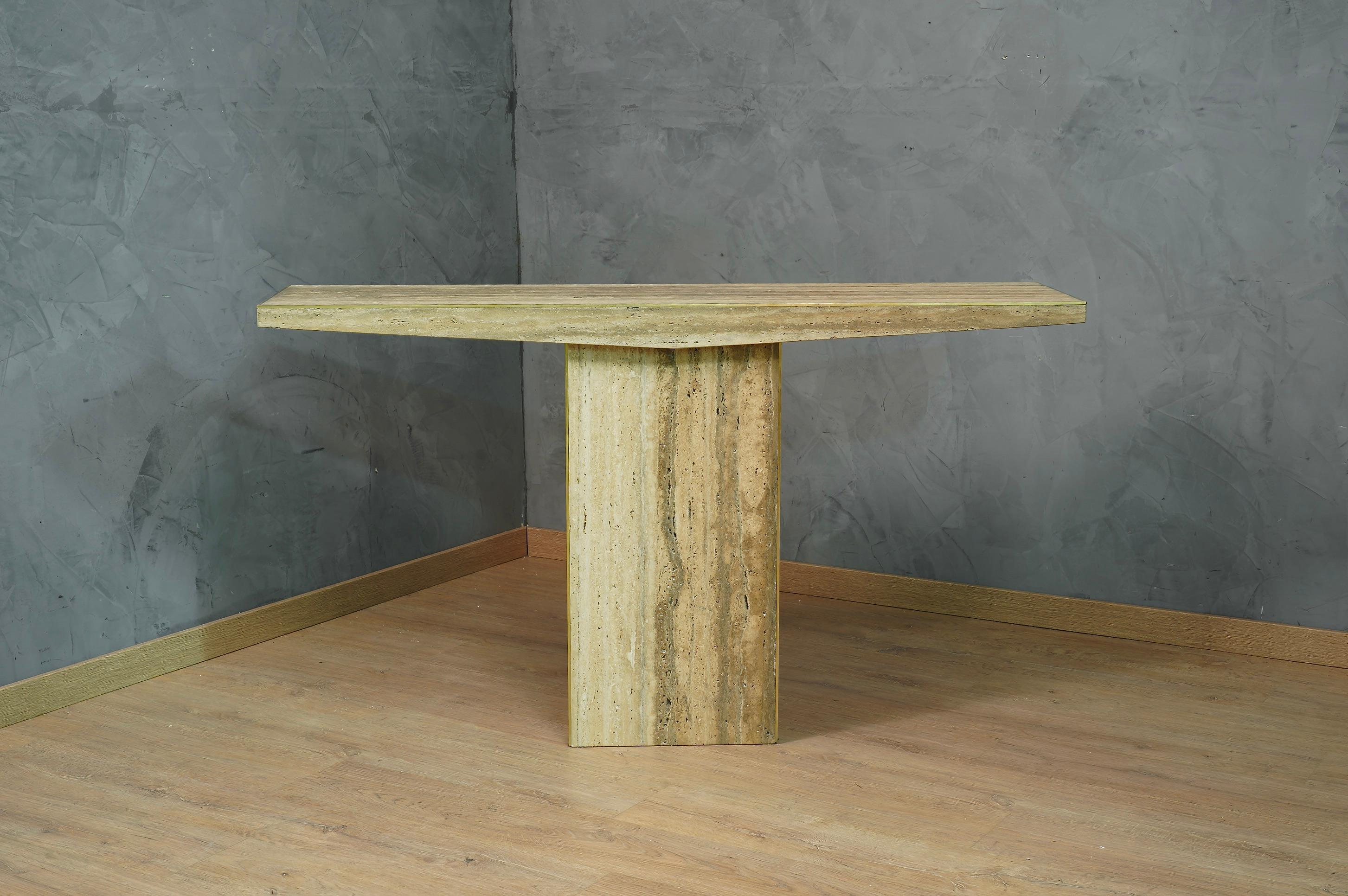 MidCentury Squared Travertine and Brass Console Table, 2020 For Sale 4
