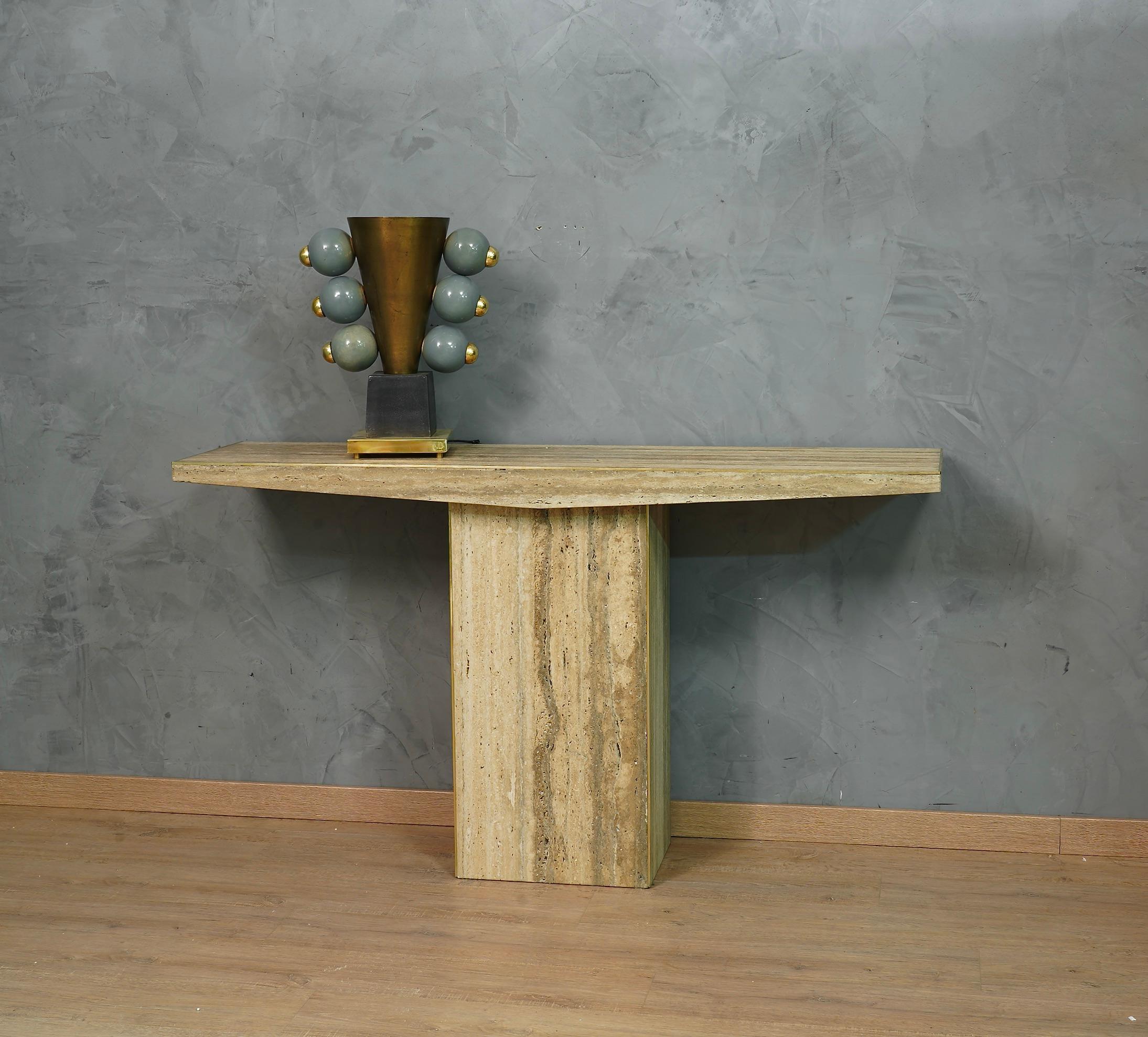 MidCentury Squared Travertine and Brass Console Table, 2020 For Sale 1