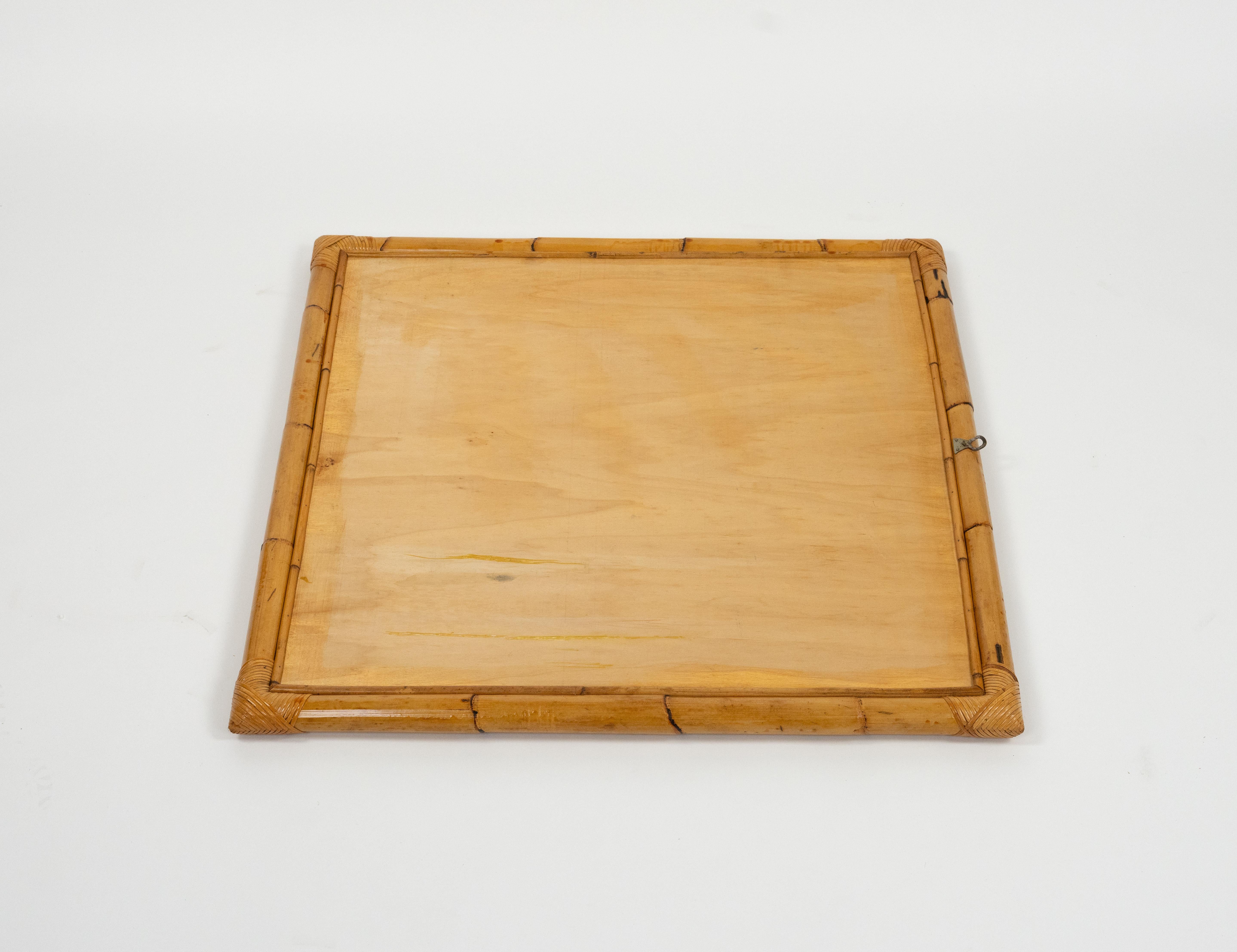 Midcentury Squared Wall Mirror Rattan and Bamboo, Italy 1970s in vendita 4