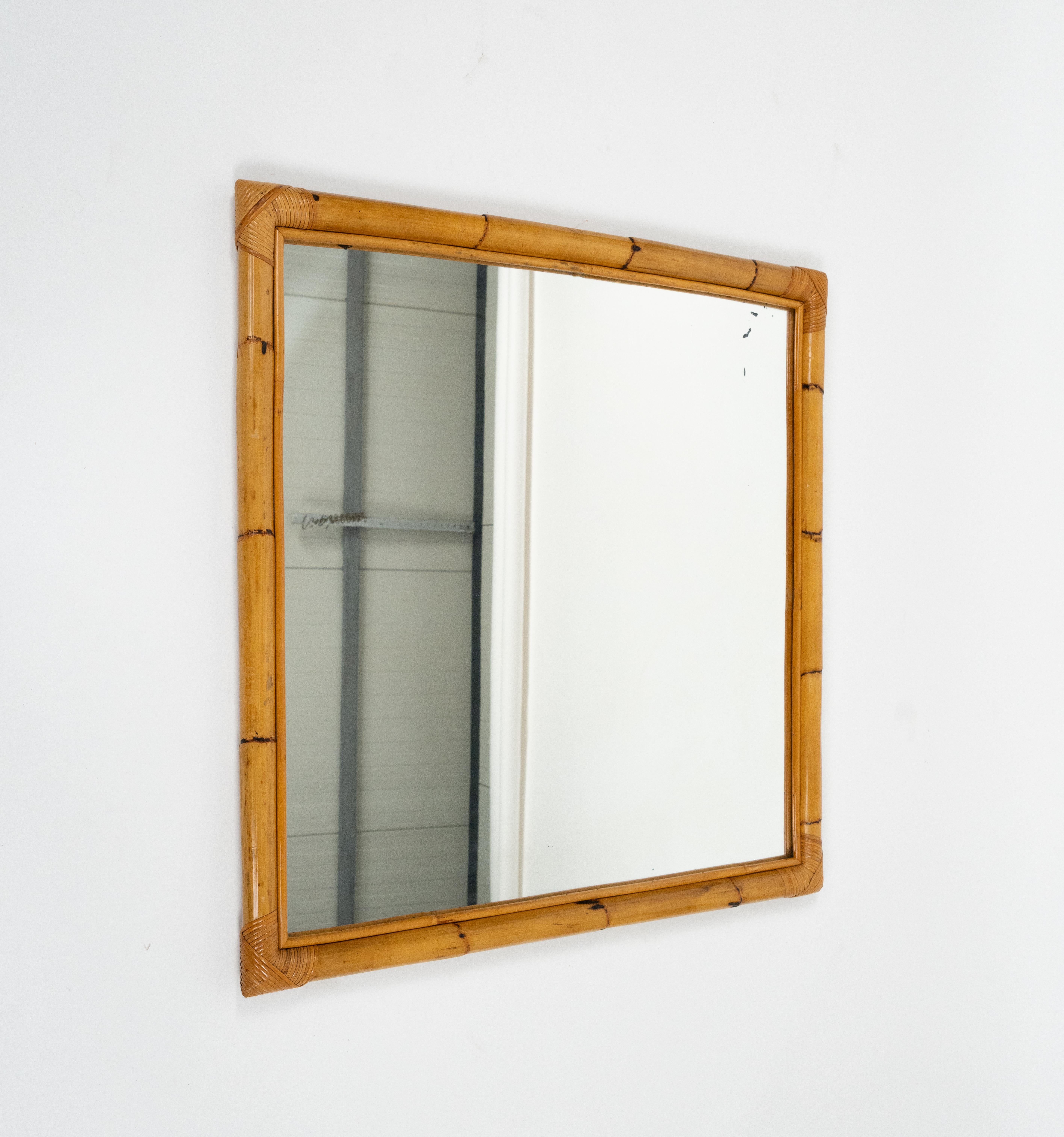 Fine XX secolo Midcentury Squared Wall Mirror Rattan and Bamboo, Italy 1970s in vendita