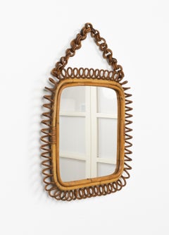 Midcentury Squared Wall Mirror Rattan & Bamboo Franco Albini Style, Italy 1960s