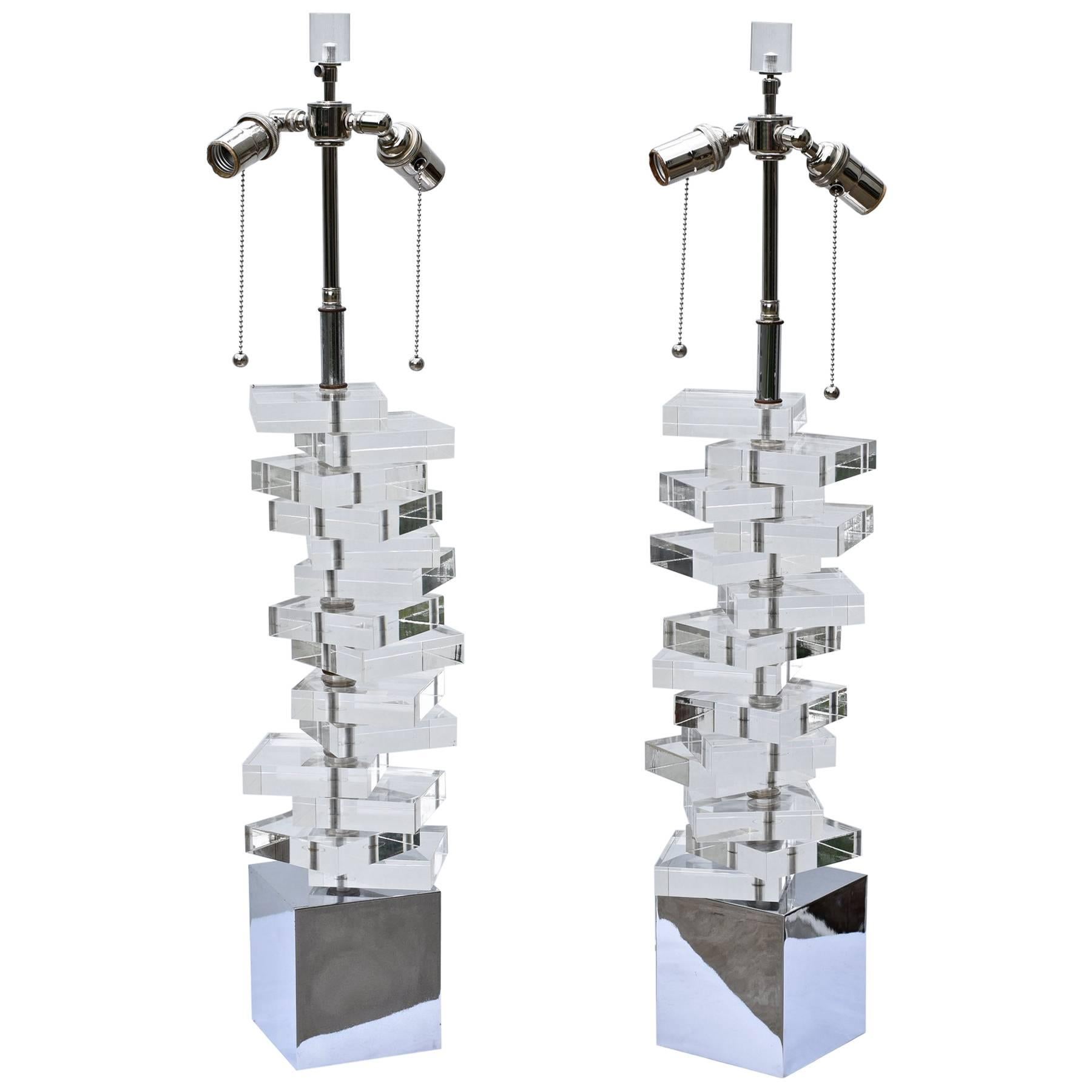 Midcentury Stacked Lucite Lamps Having Chrome Bases, a Pair For Sale