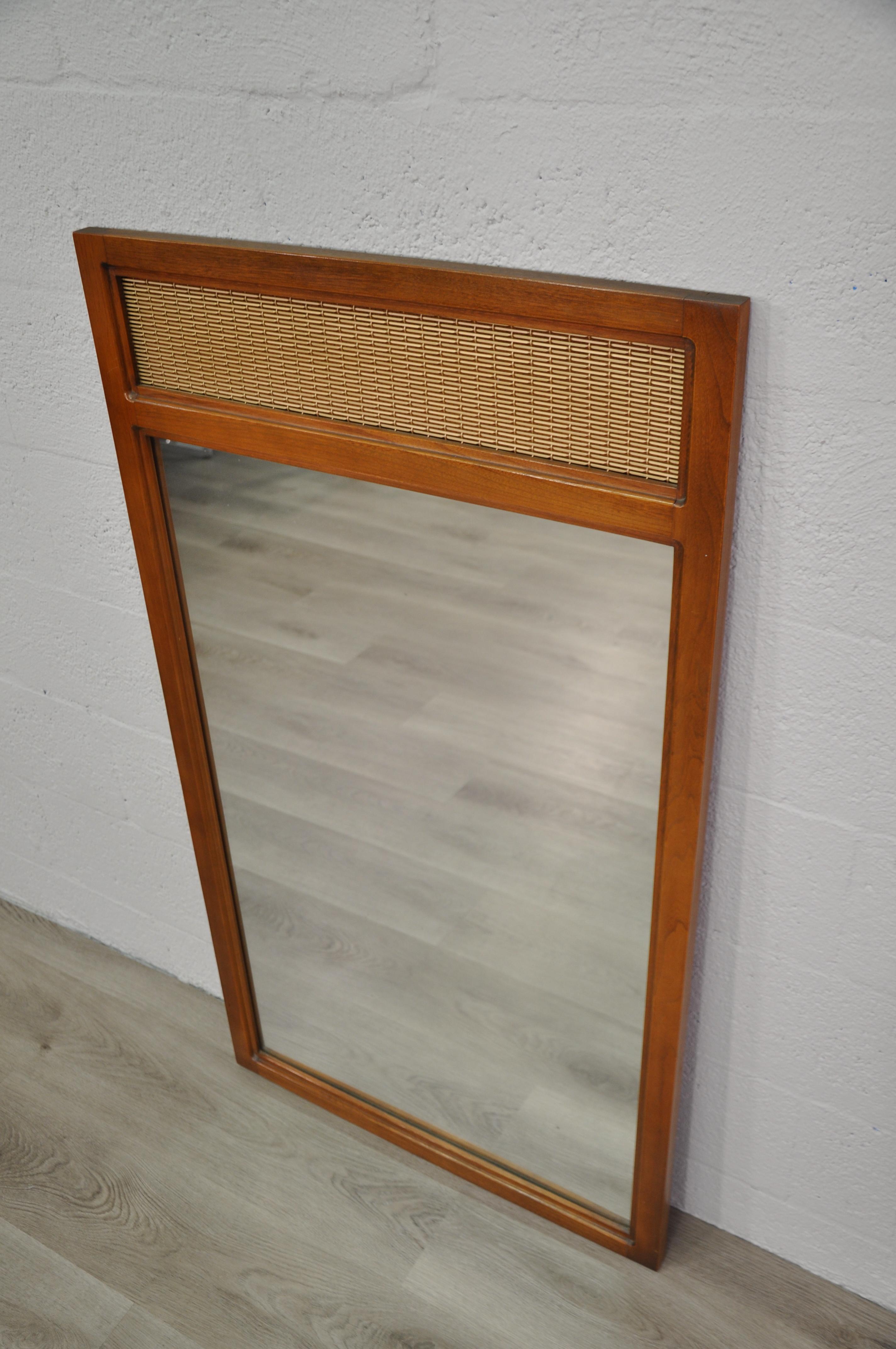 American Midcentury Stanley Walnut and Brass Cane Mirror For Sale
