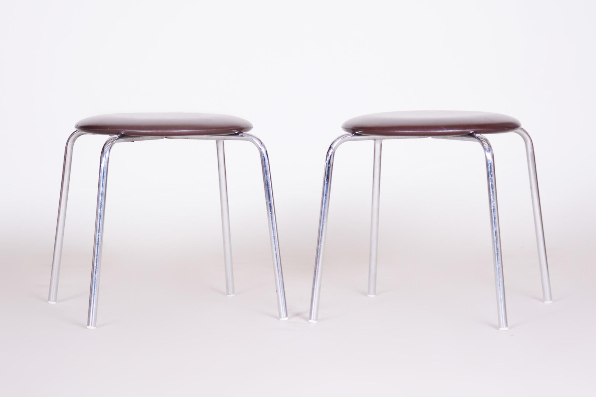 Czech Midcentury Steel and Leatherette Stools, 1960s, Original Condition For Sale