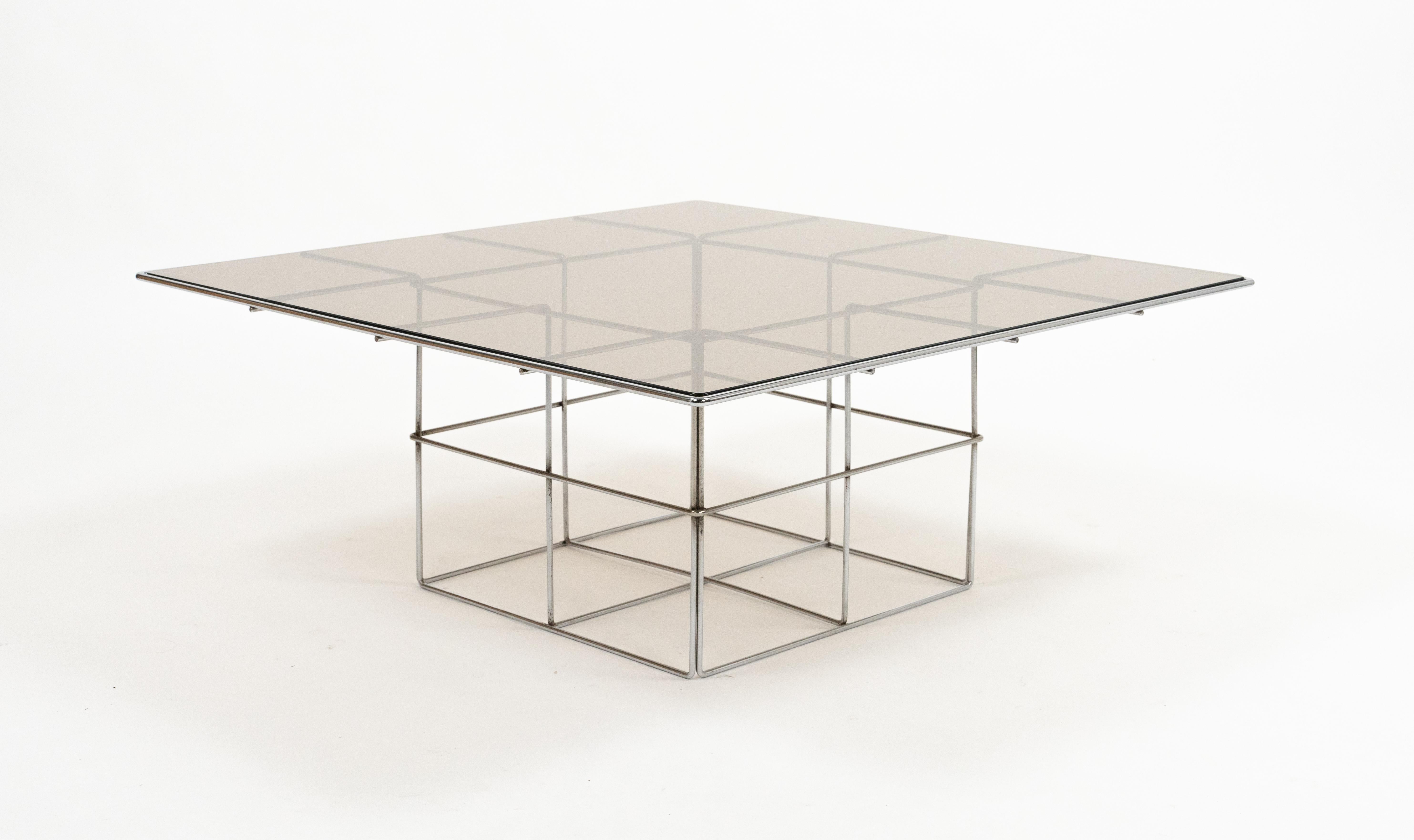 Italian Midcentury Steel and Smoked Glass Coffee Table Verner Panton Style, Italy 1970s For Sale