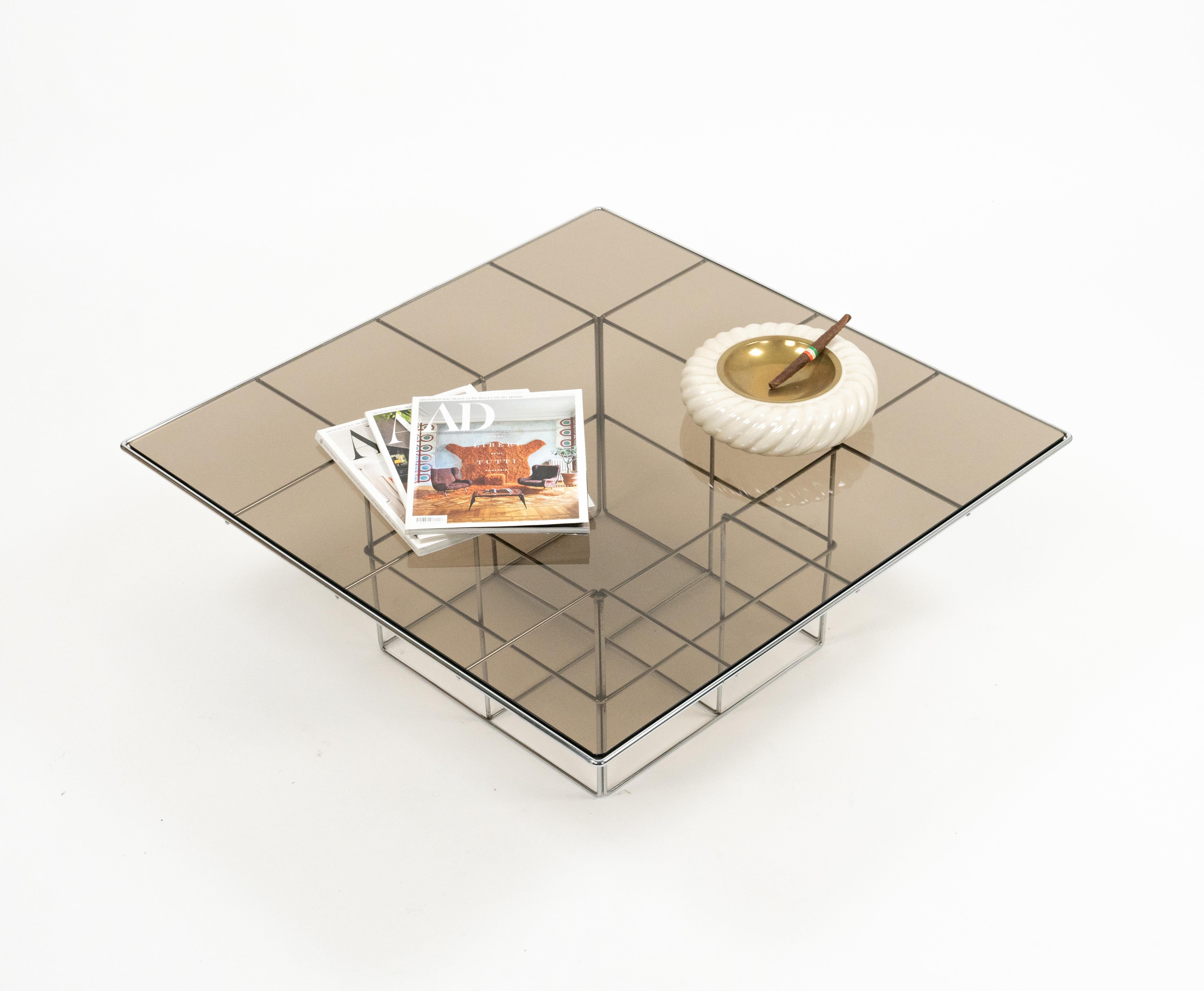 Late 20th Century Midcentury Steel and Smoked Glass Coffee Table Verner Panton Style, Italy 1970s For Sale
