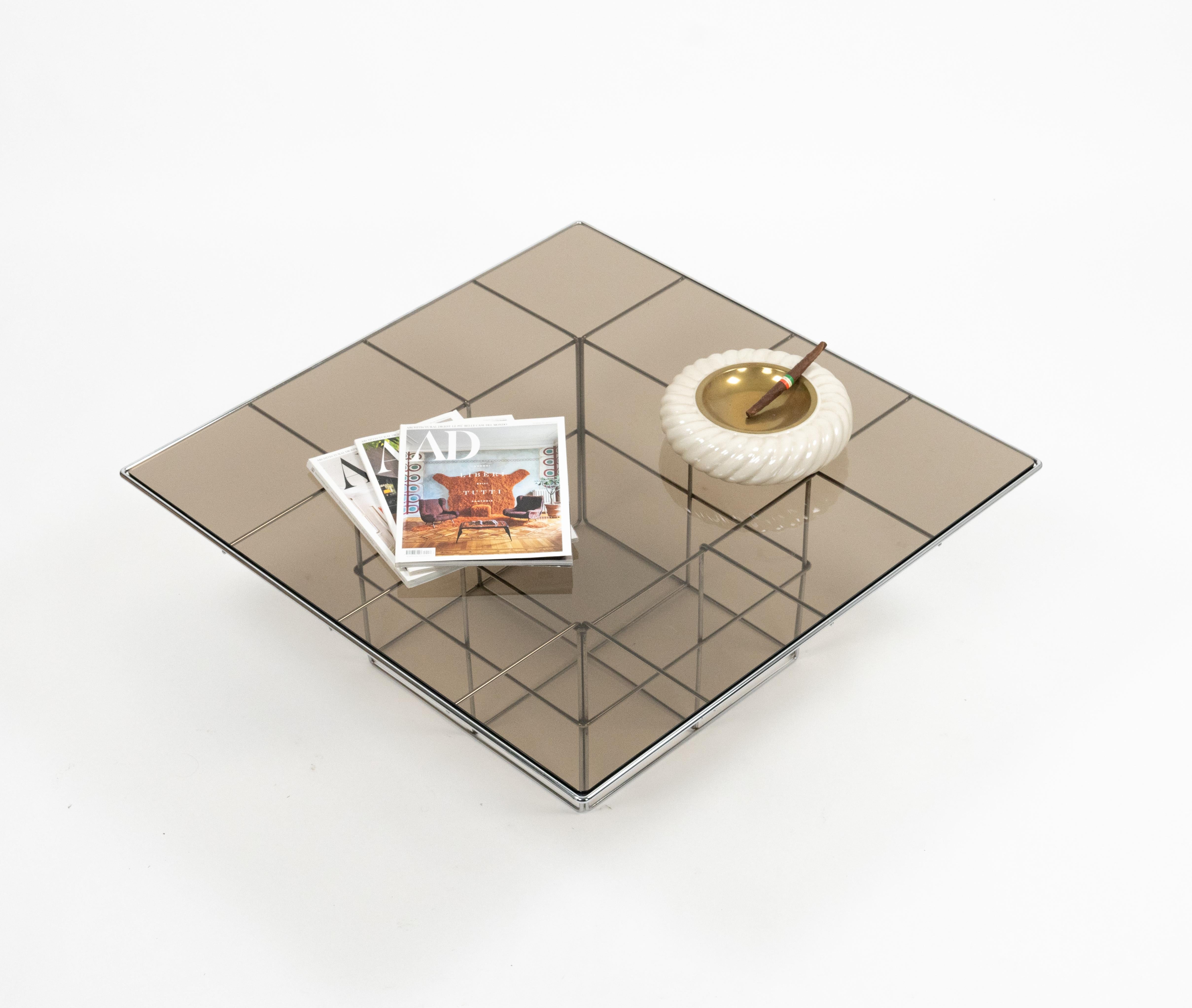 Metal Midcentury Steel and Smoked Glass Coffee Table Verner Panton Style, Italy 1970s For Sale