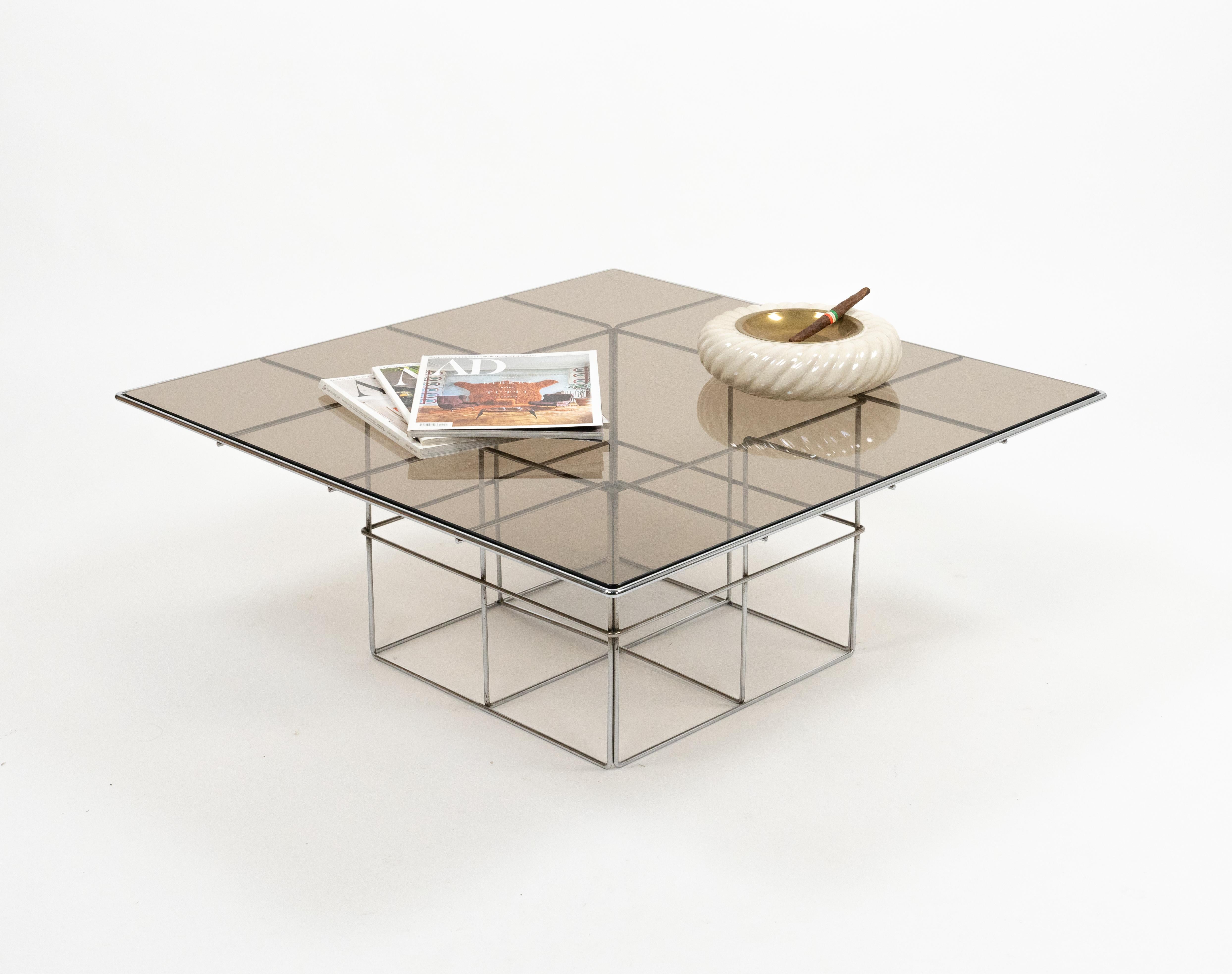 Midcentury Steel and Smoked Glass Coffee Table Verner Panton Style, Italy 1970s For Sale 1
