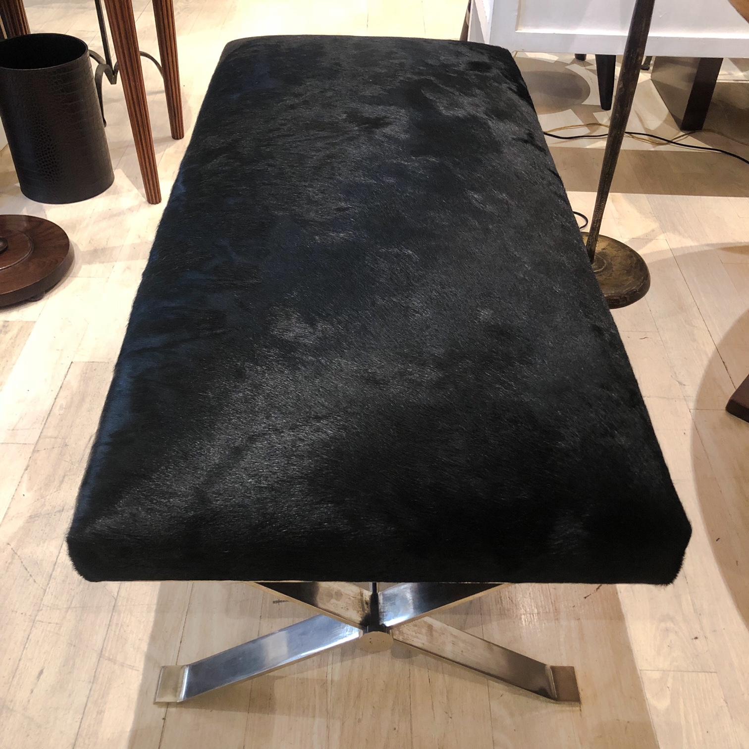Mid-Century Modern Midcentury Steel Bench with Black Horse Hair Seat, France, circa 1950 For Sale