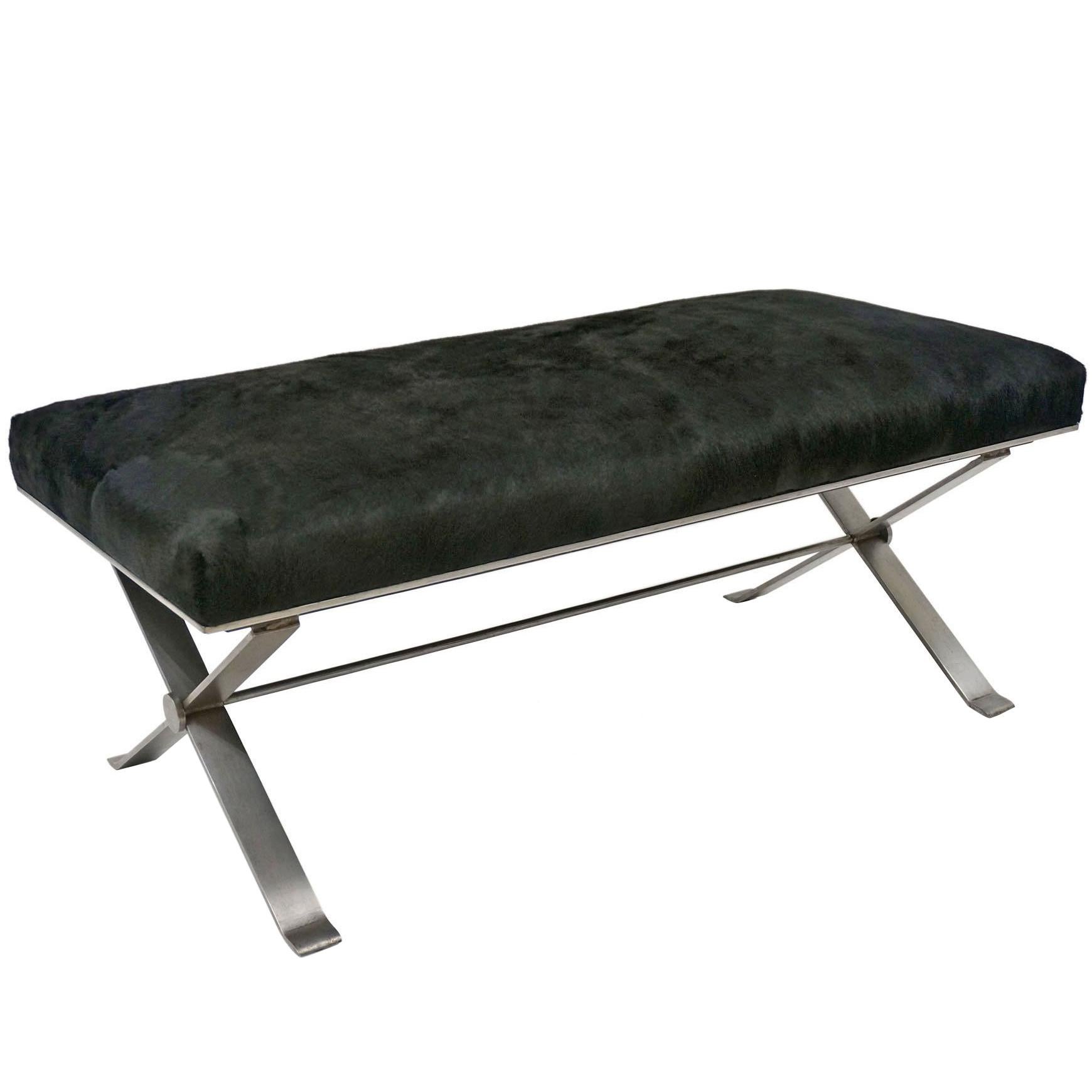 Midcentury Steel Bench with Black Horse Hair Seat, France, circa 1950 For Sale
