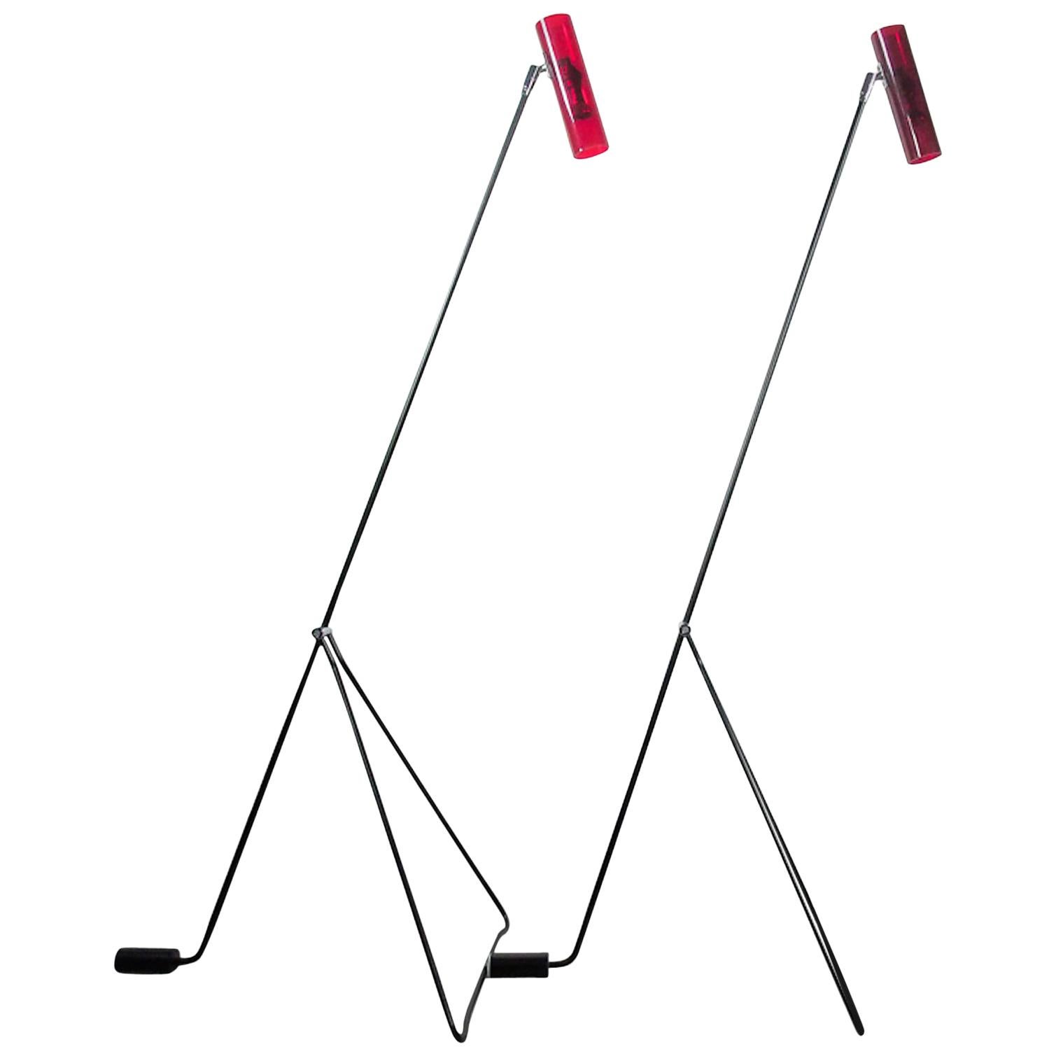 Midcentury Steel Frame Red Perspex Floor Lamps Attributed to Alf Svensson