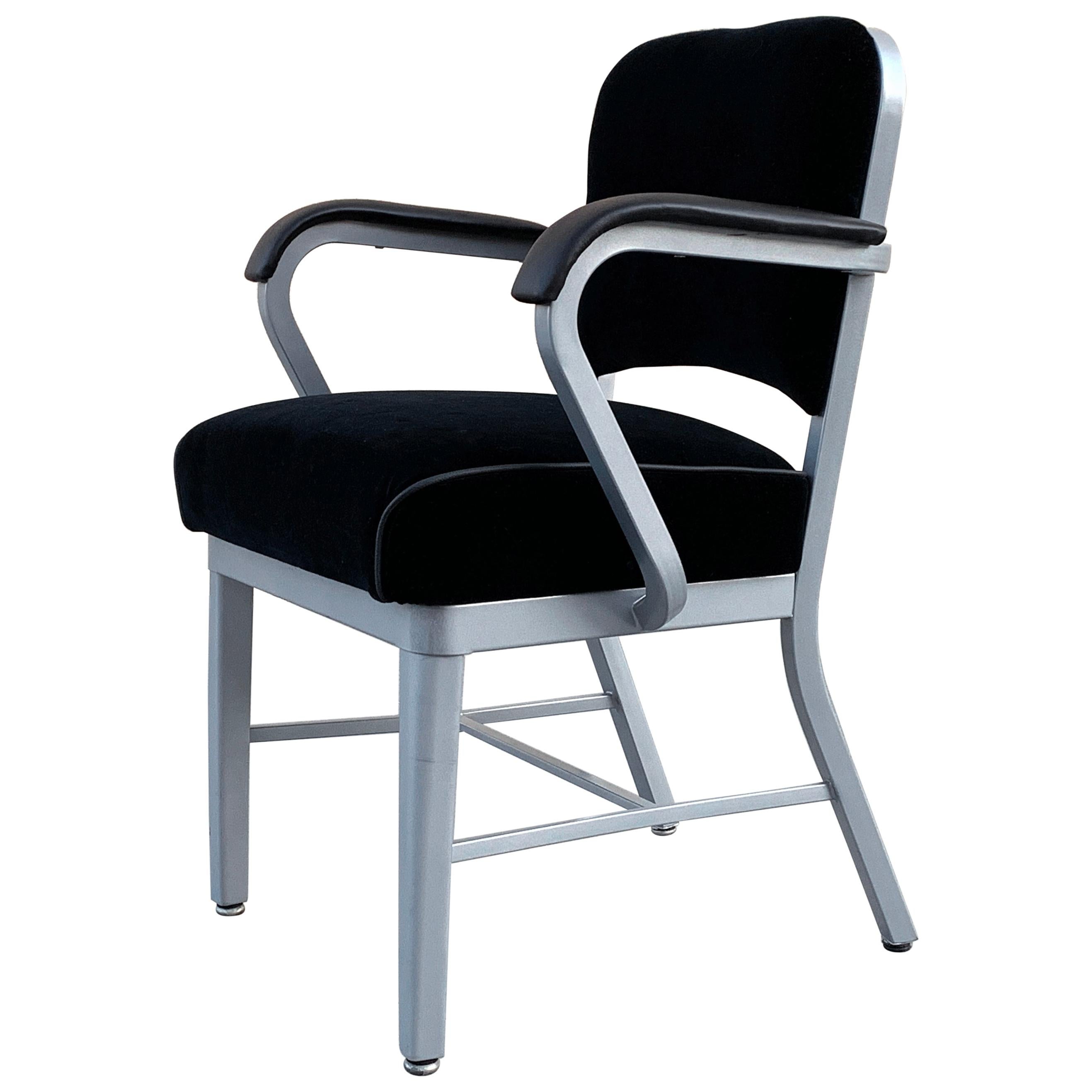 Midcentury Steel Tanker Armchair, Refinished in Bengal Silver and Black Velvet