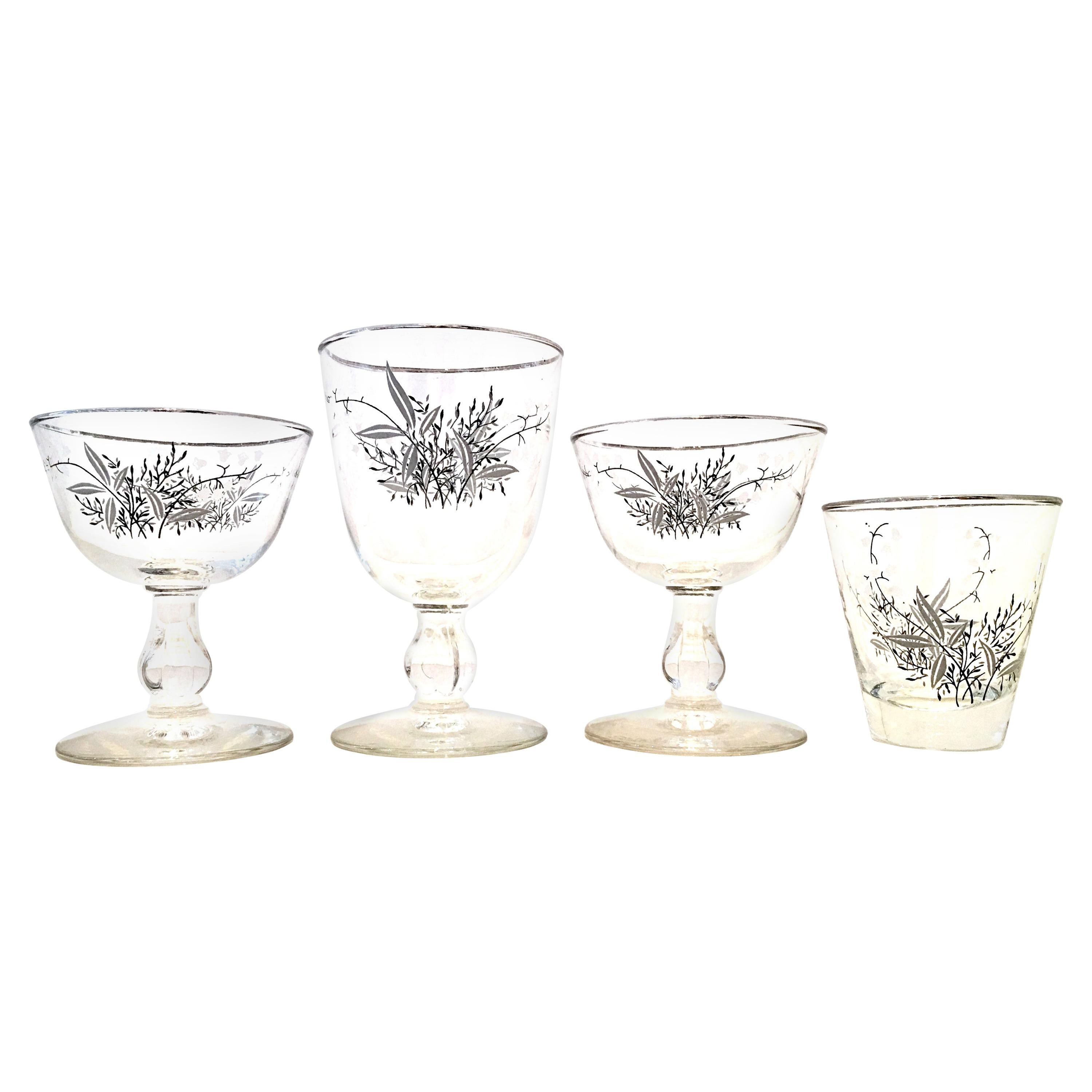 Mid-Century Sterling Silver and Embossed Floral Motif Glass Drinks Set of 19 For Sale