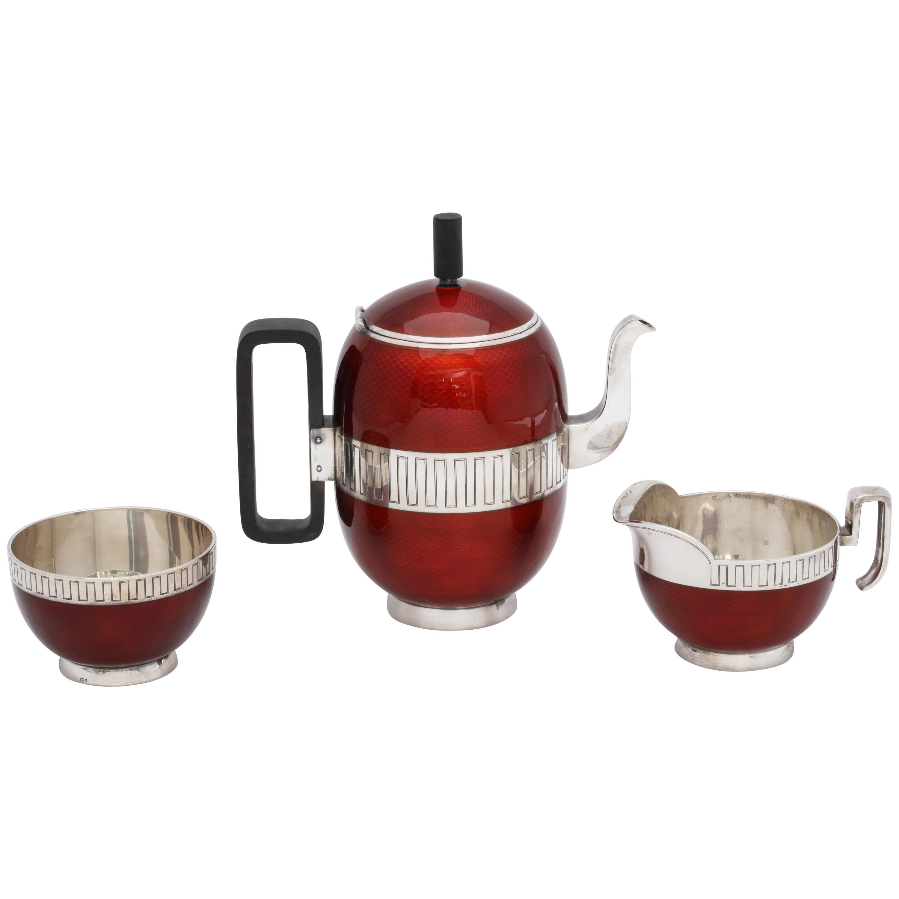 Midcentury Sterling Silver Red Enamel Three-Piece David Andersen Demitasse Set