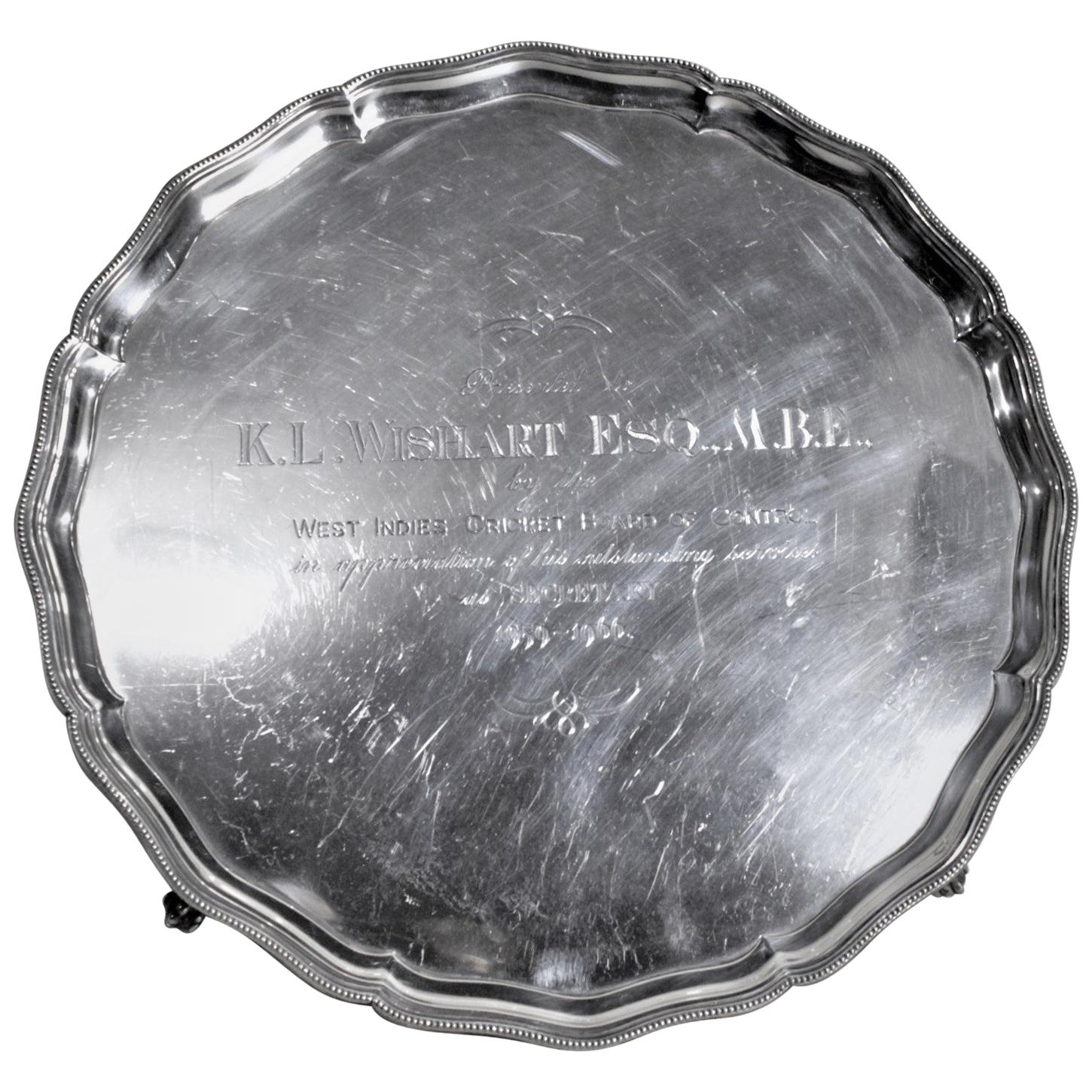 Midcentury Sterling Silver West Indies Cricket Control Board Presentation Tray For Sale