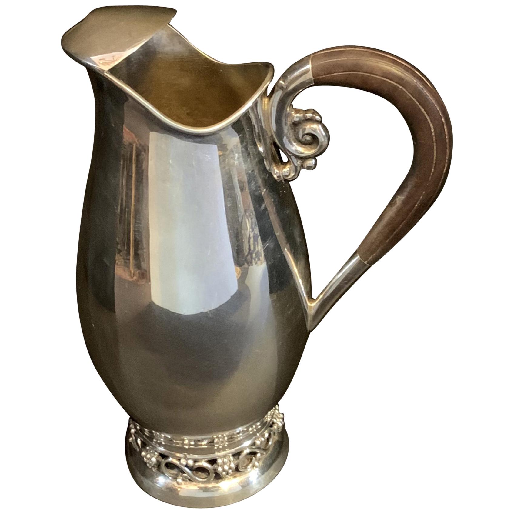 Midcentury Sterling Wood Handle Water Pitcher Manner George Jensen Grapes