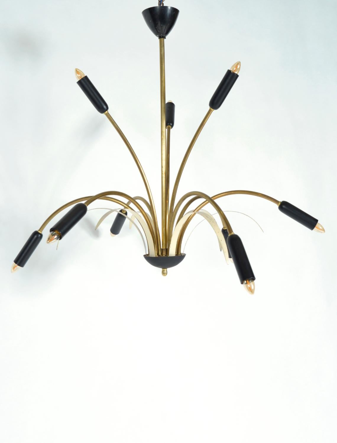Midcentury Stilnovo 9-Arm Italian Spider Pendant Light Brass Copper Sputnik 1950 For Sale 7
