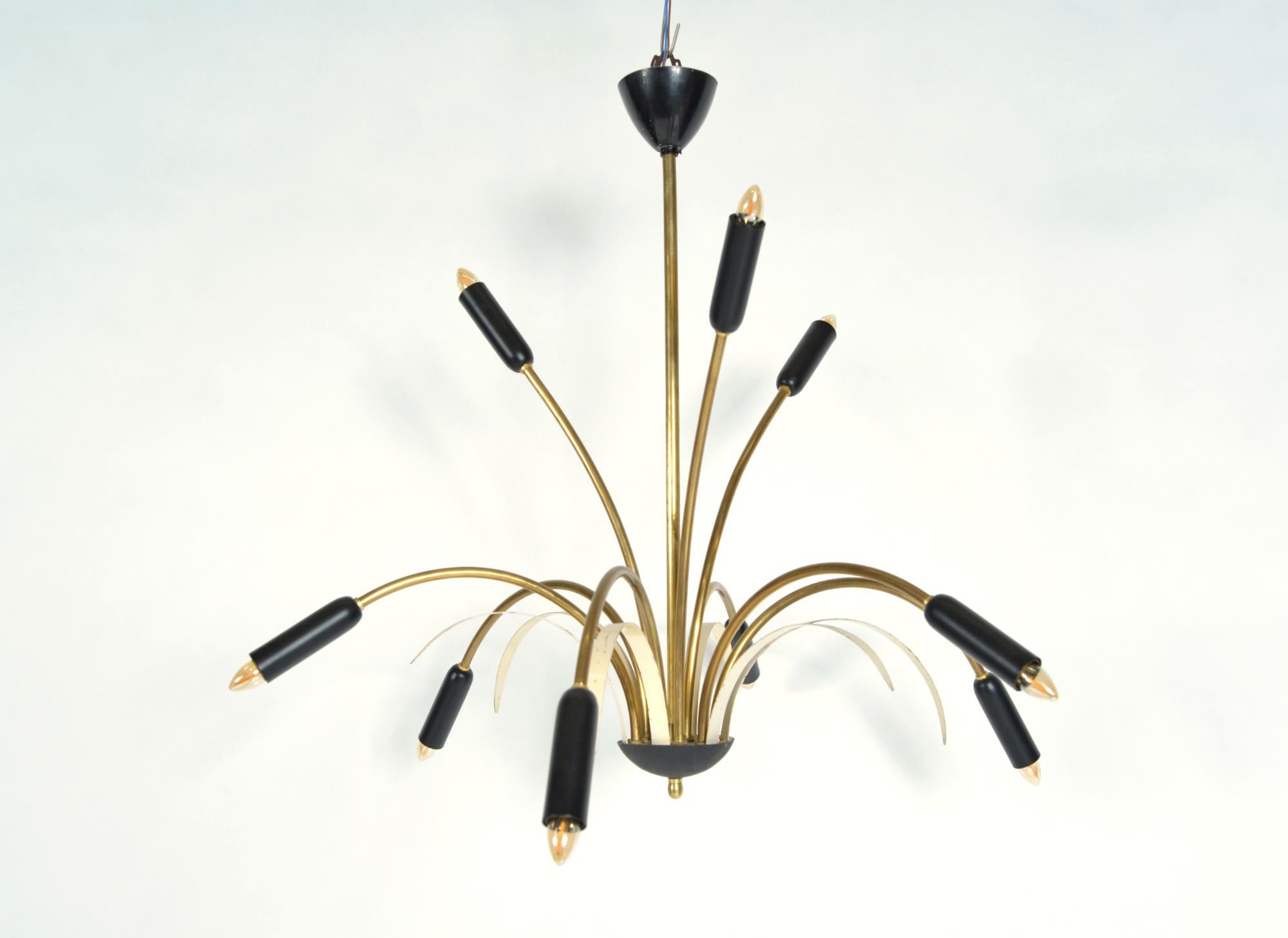 Mid-Century Modern Midcentury Stilnovo 9-Arm Italian Spider Pendant Light Brass Copper Sputnik 1950 For Sale