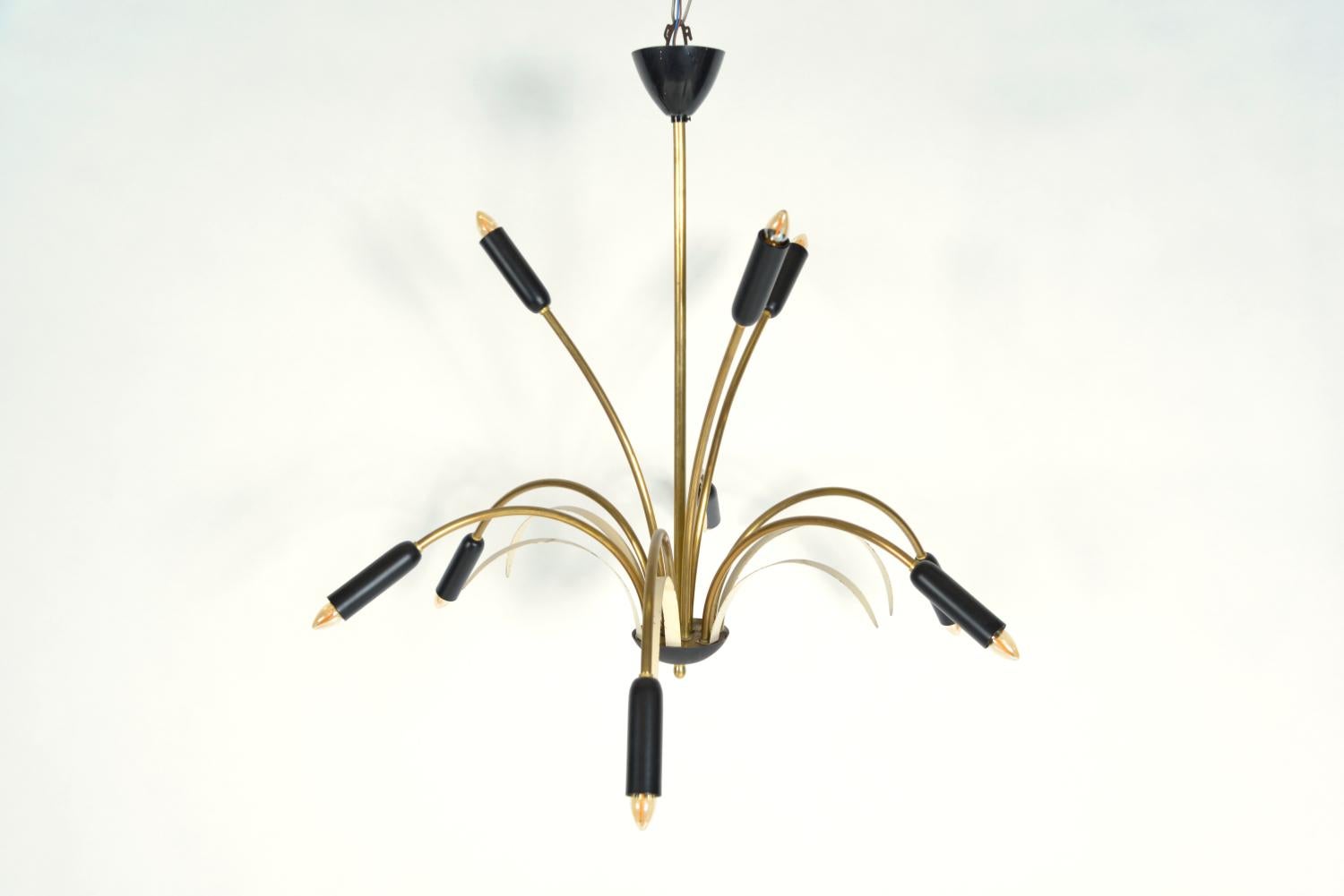 Midcentury Stilnovo 9-Arm Italian Spider Pendant Light Brass Copper Sputnik 1950 In Good Condition For Sale In Sherborne, Dorset